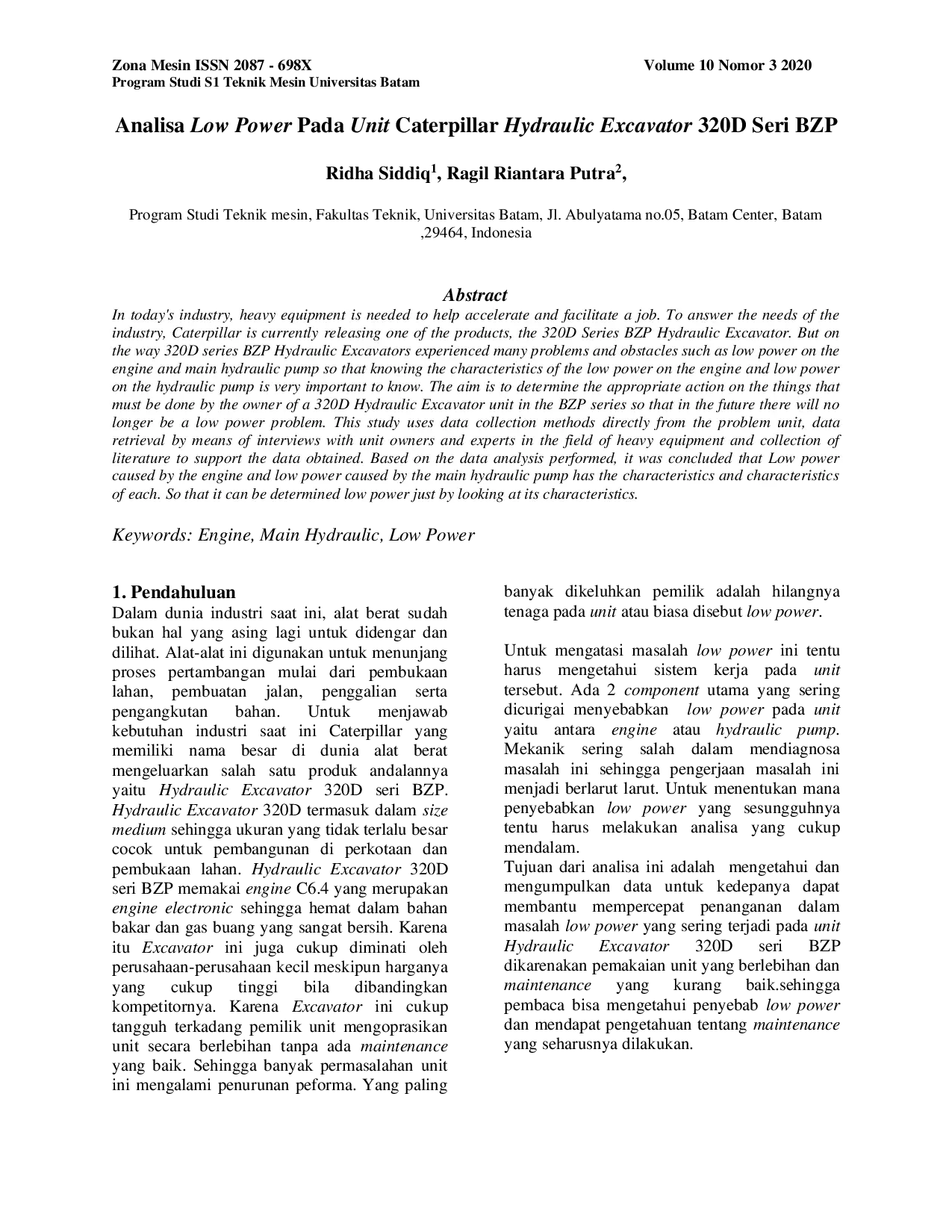 JURIS Analisa Low Power Pada Unit Caterpillar Hydraulic Excavator 320D Seri BZP