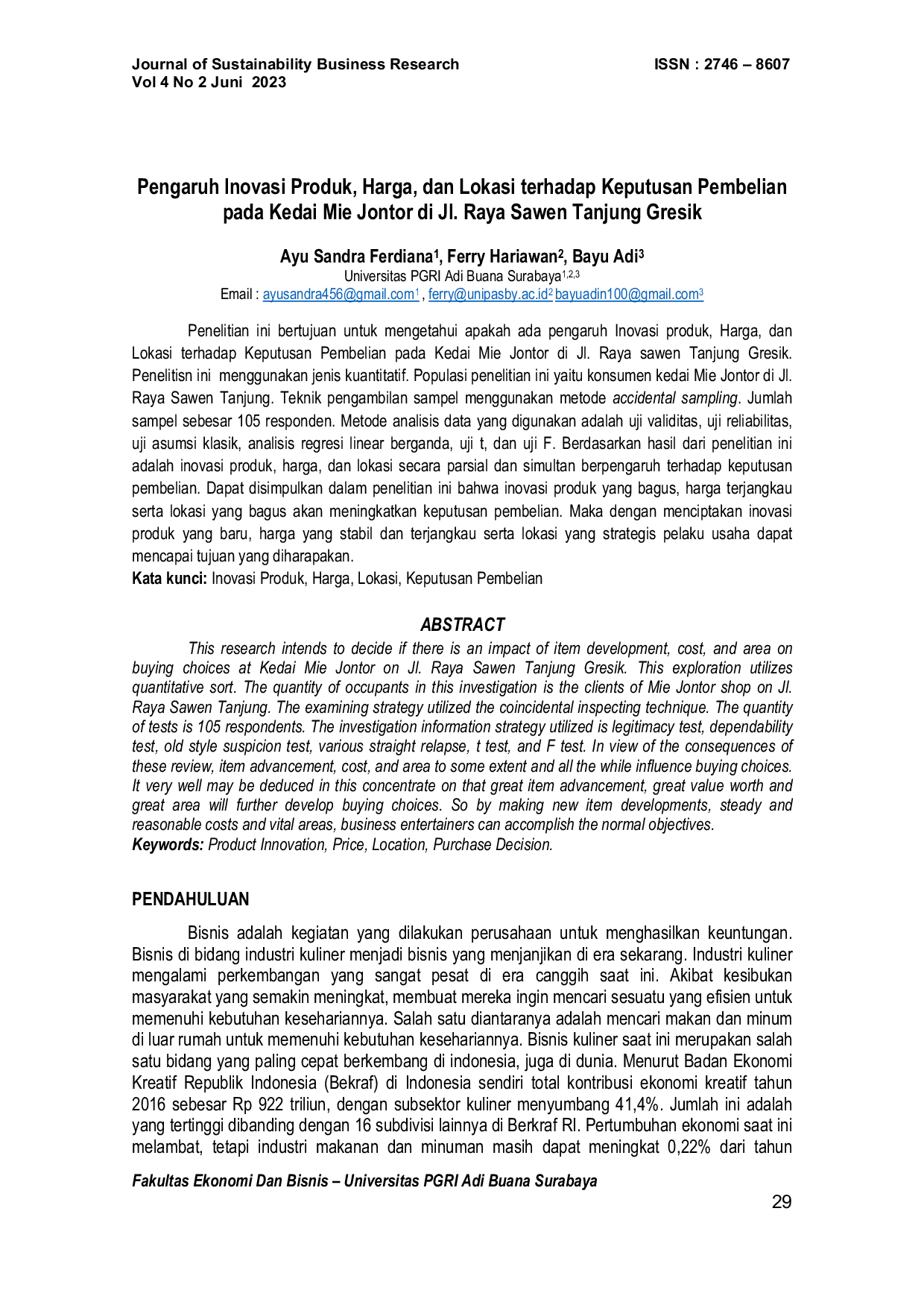 JURIS Pengaruh Inovasi Produk Harga dan Lokasi terhadap Keputusan Pembelian pada Kedai Mie Jontor di Jl Raya Sawen Tanjung Gresik