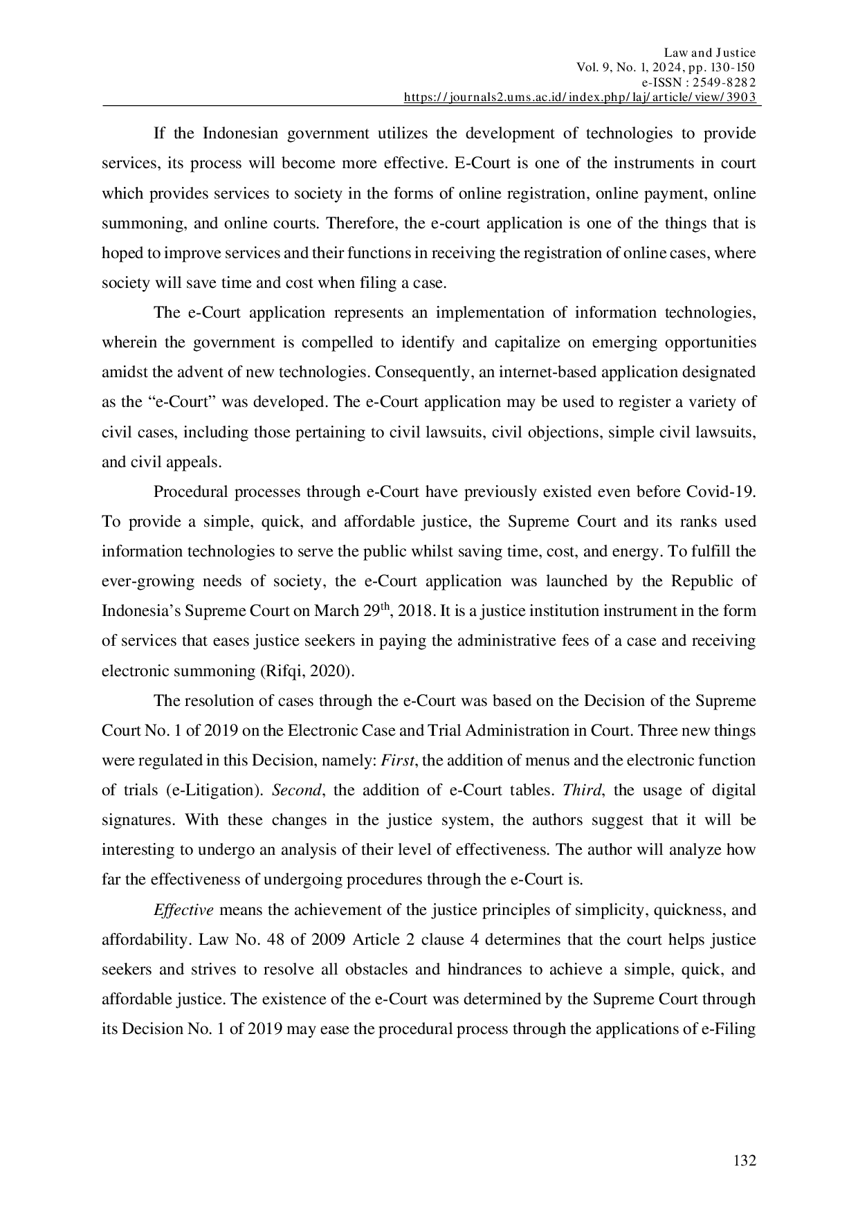 JURIS Effectiveness of E Court in Handling Civil Cases in Class IA Religious Court of Ternate