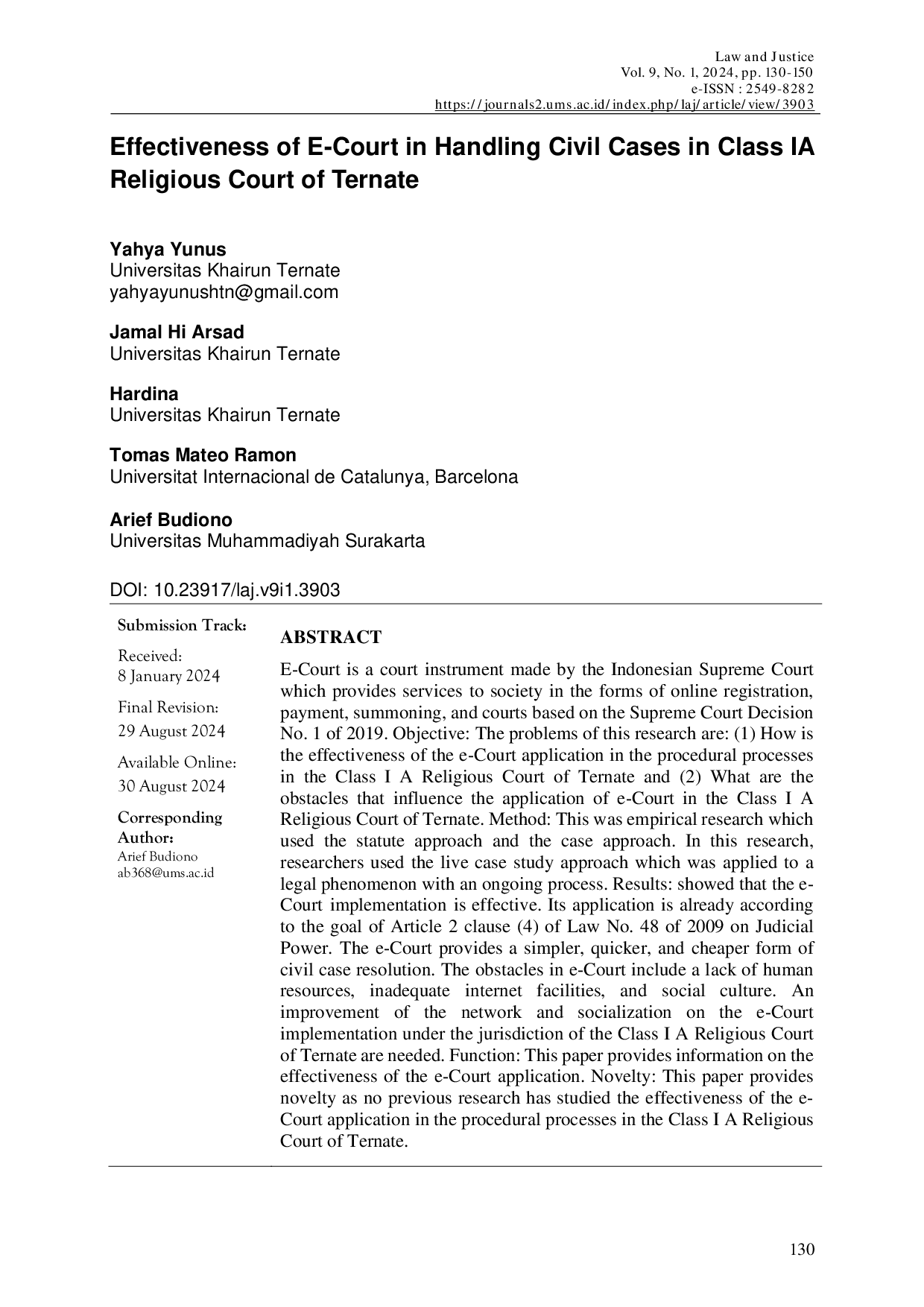 JURIS Effectiveness of E Court in Handling Civil Cases in Class IA Religious Court of Ternate