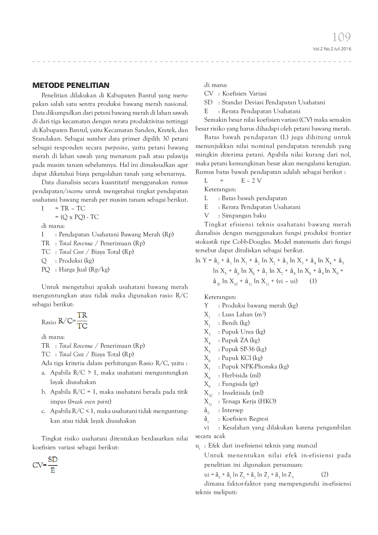 JURIS Pendapatan Risiko dan Efisiensi Ekonomi Usahatani Bawang Merah di Kabupaten Bantul