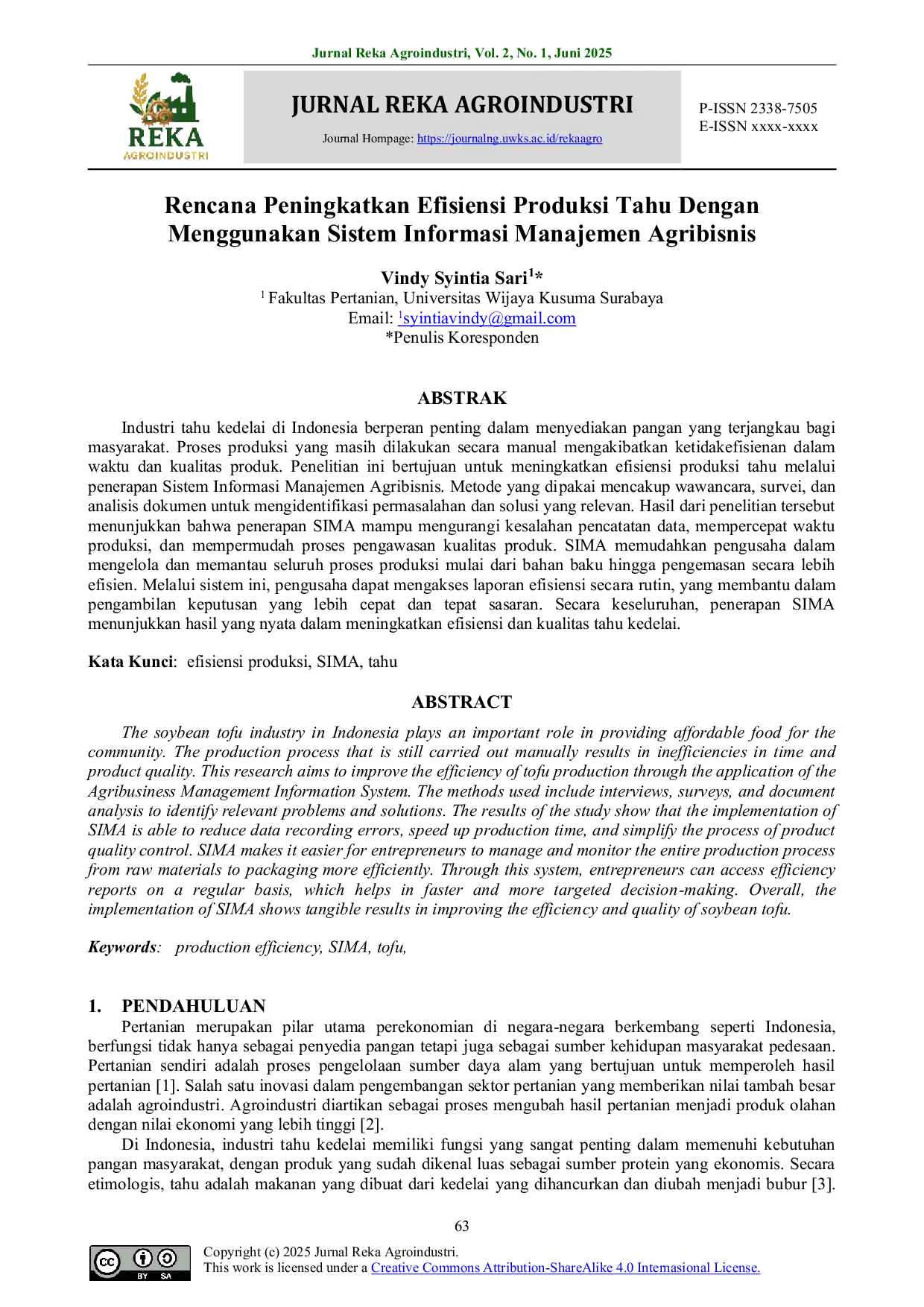 JURIS Rencana Peningkatkan Efisiensi Produksi Tahu Dengan Menggunakan Sistem Informasi Manajemen Agribisnis
