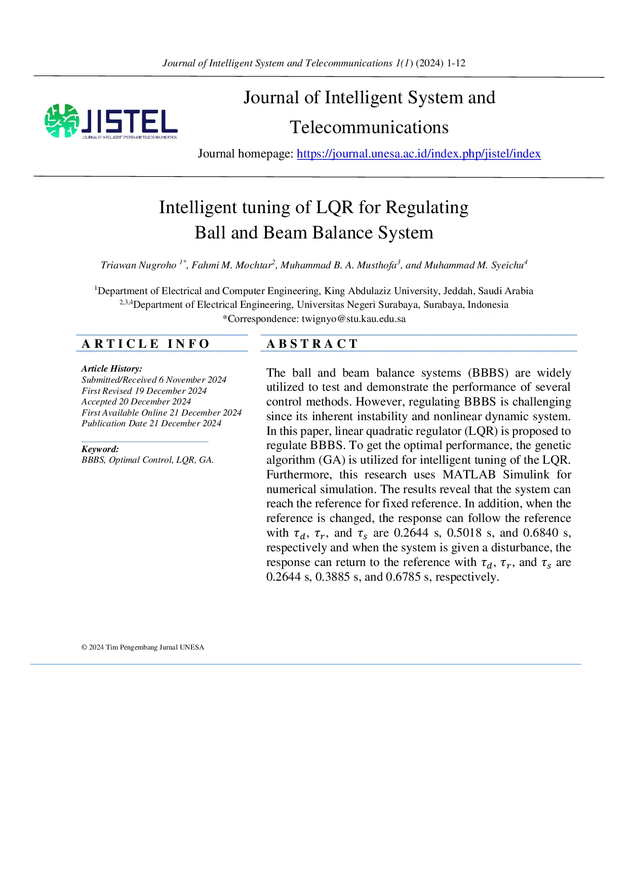 JURIS Intelligent tuning of LQR for Regulating Ball and Beam Balance System