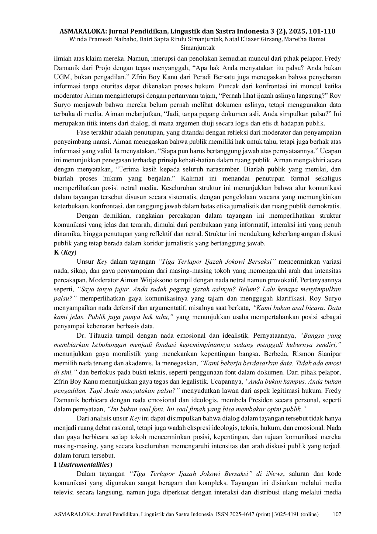 JURIS Model Speaking Dell Hymes dalam Dialog Inews Tiga Terlapor Ijazah Jokowi Bersaksi