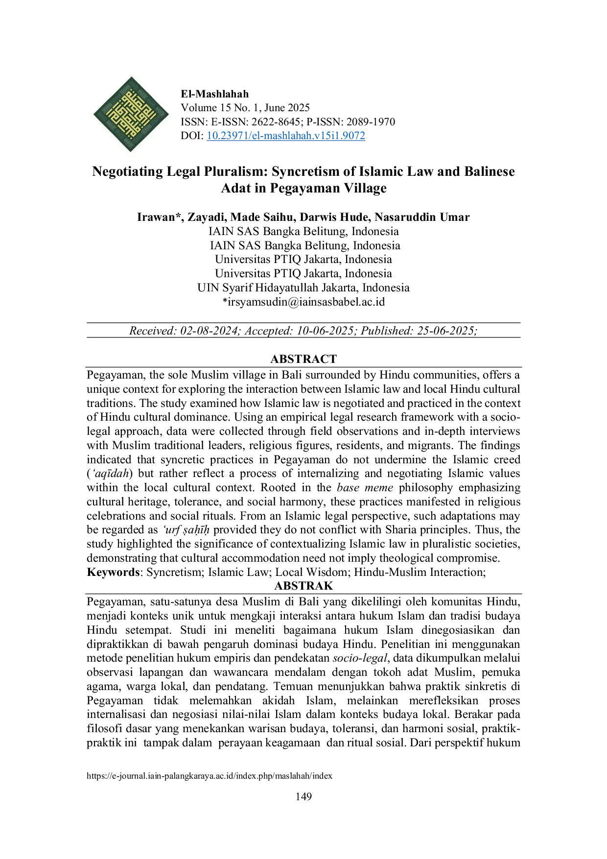 JURIS Negotiating Legal Pluralism Syncretism of Islamic Law and Balinese Adat in Pegayaman Village