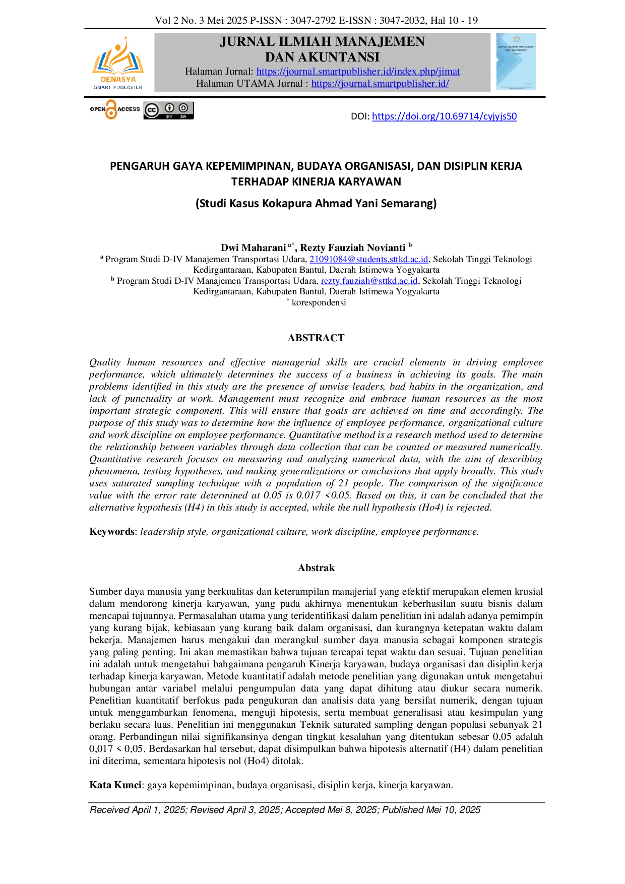 juris PENGARUH GAYA KEPEMIMPINAN BUDAYA ORGANISASI DAN DISIPLIN KERJA TERHADAP KINERJA KARYAWAN Studi Kasus Kokapura Ahmad Yani Semarang