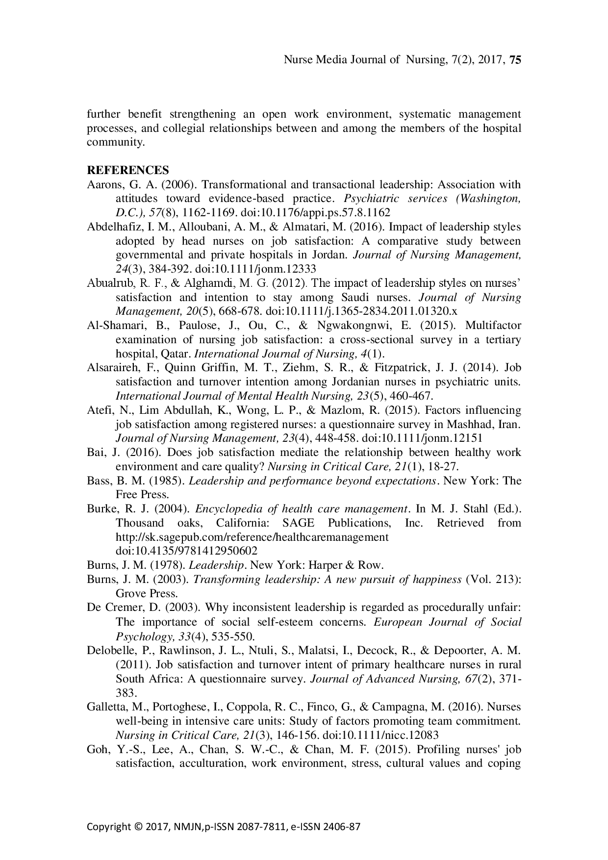 juris Transformational and Transactional Leadership Styles of Nurse Managers and Job Satisfaction among Filipino Nurses A Pilot Study