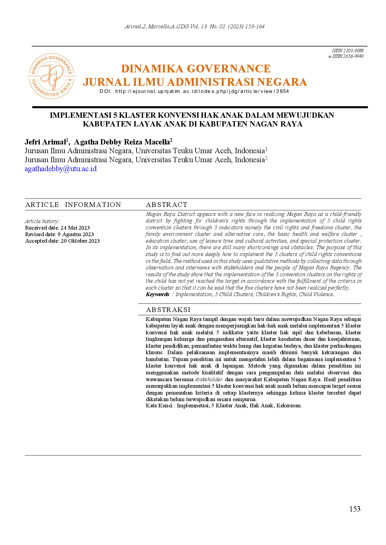 juris Implementasi 5 Klaster Konvensi Hak Anak Dalam Mewujudkan Kabupaten Layak Anak di Kabupaten Nagan Raya