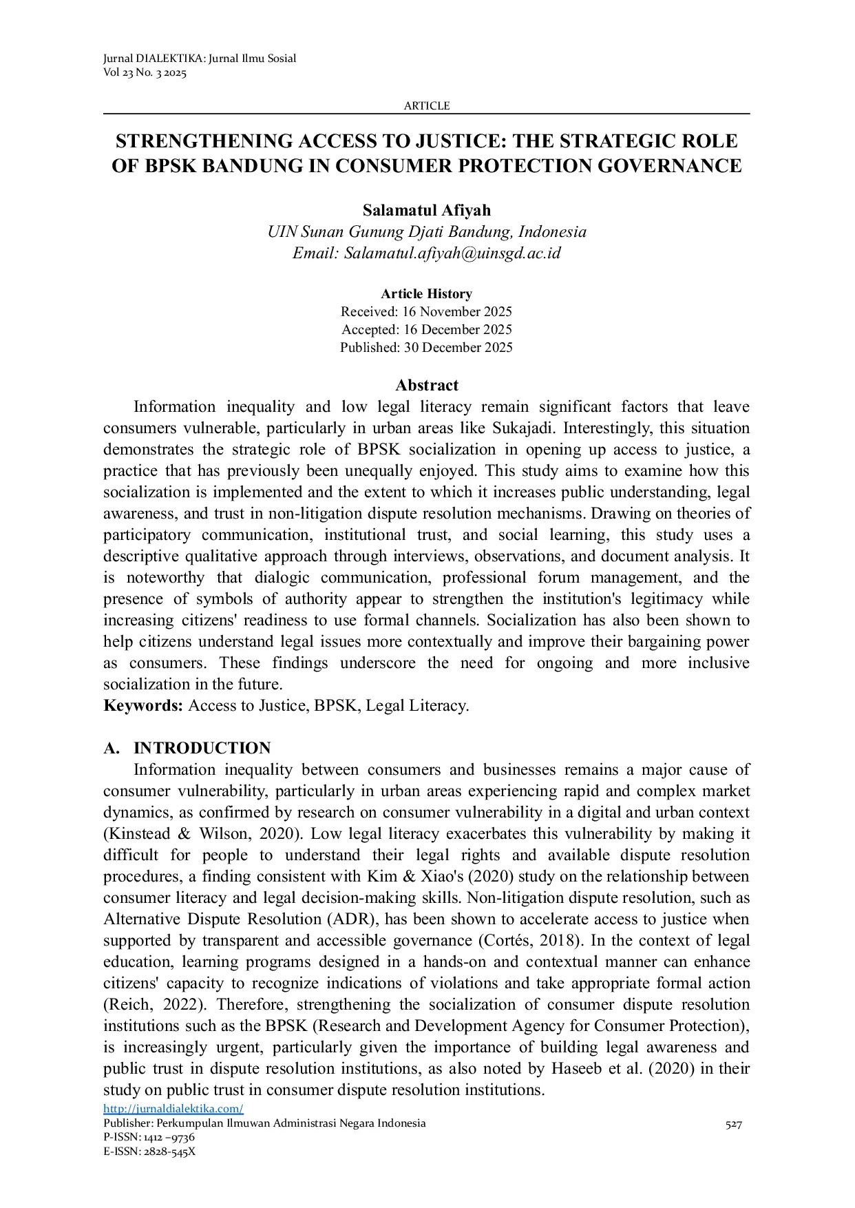 JURIS Strengthening Access to Justice The Strategic Role of Bpsk Bandung in Consumer Protection Governance