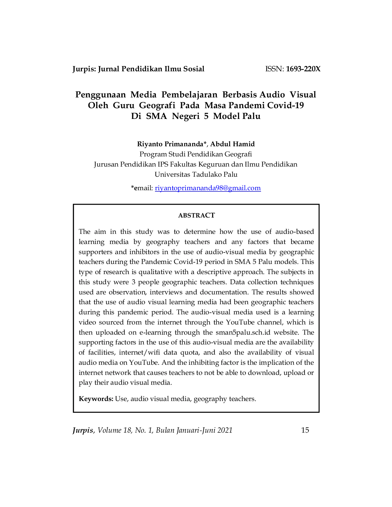 JURIS Penggunaan Media Pembelajaran Berbasis Audio Visual Oleh Guru Geografi Pada Masa Pandemi Covid 19 Di SMA Negeri 5 Model Palu