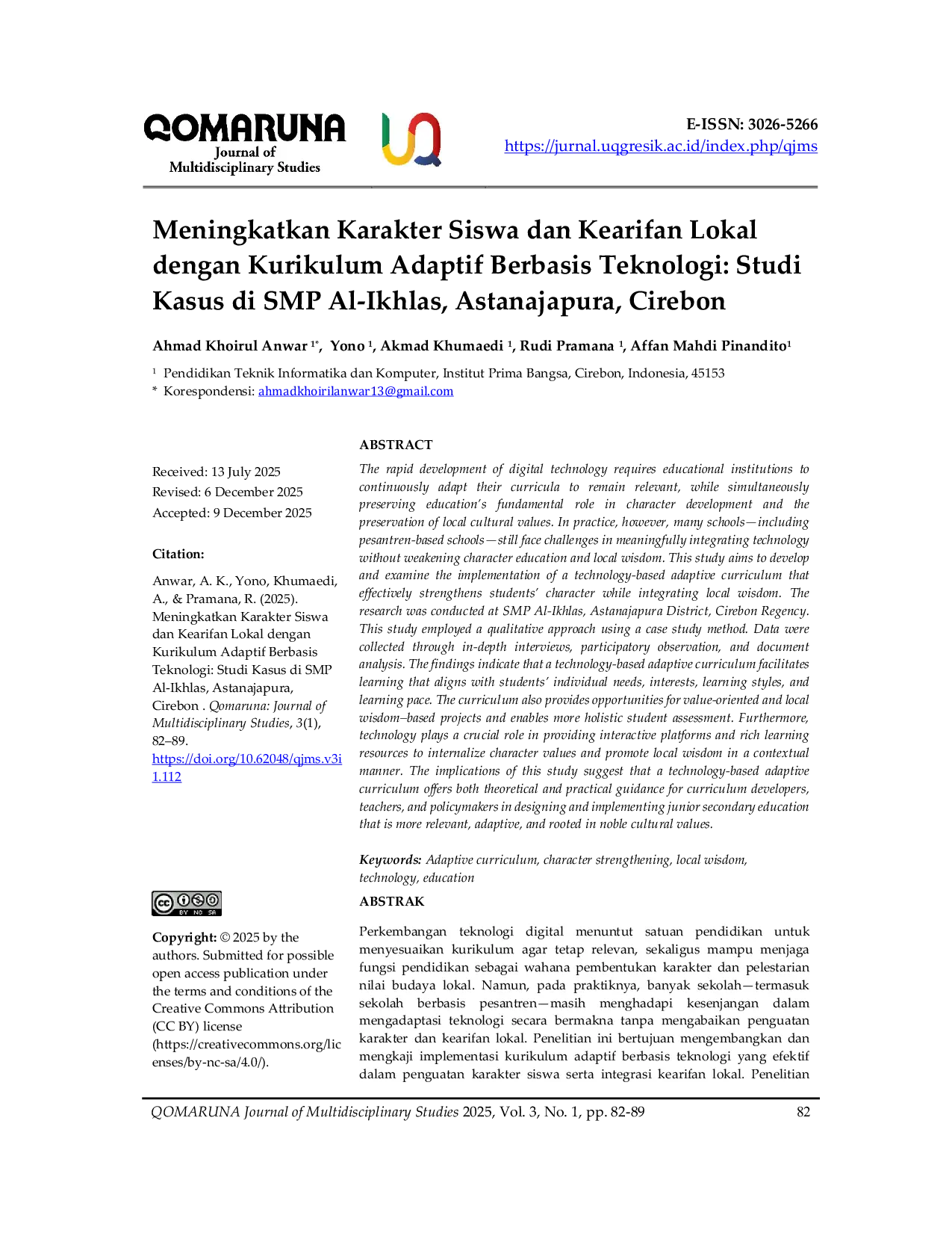 JURIS Meningkatkan Karakter Siswa dan Kearifan Lokal dengan Kurikulum Adaptif Berbasis Teknologi Studi Kasus di SMP Al Ikhlas Astanajapura Cirebon