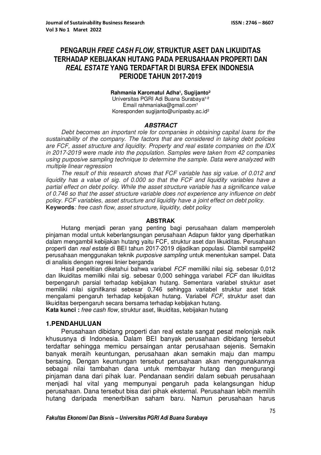 JURIS Pengaruh Free Cash Flow Struktur Aset Dan Likuiditas Terhadap Kebijakan Hutang Pada Perusahaan Properti Dan Real Estate Yang Terdaftar Di Bursa Efek Indonesia Periode Tahun 2017 2019