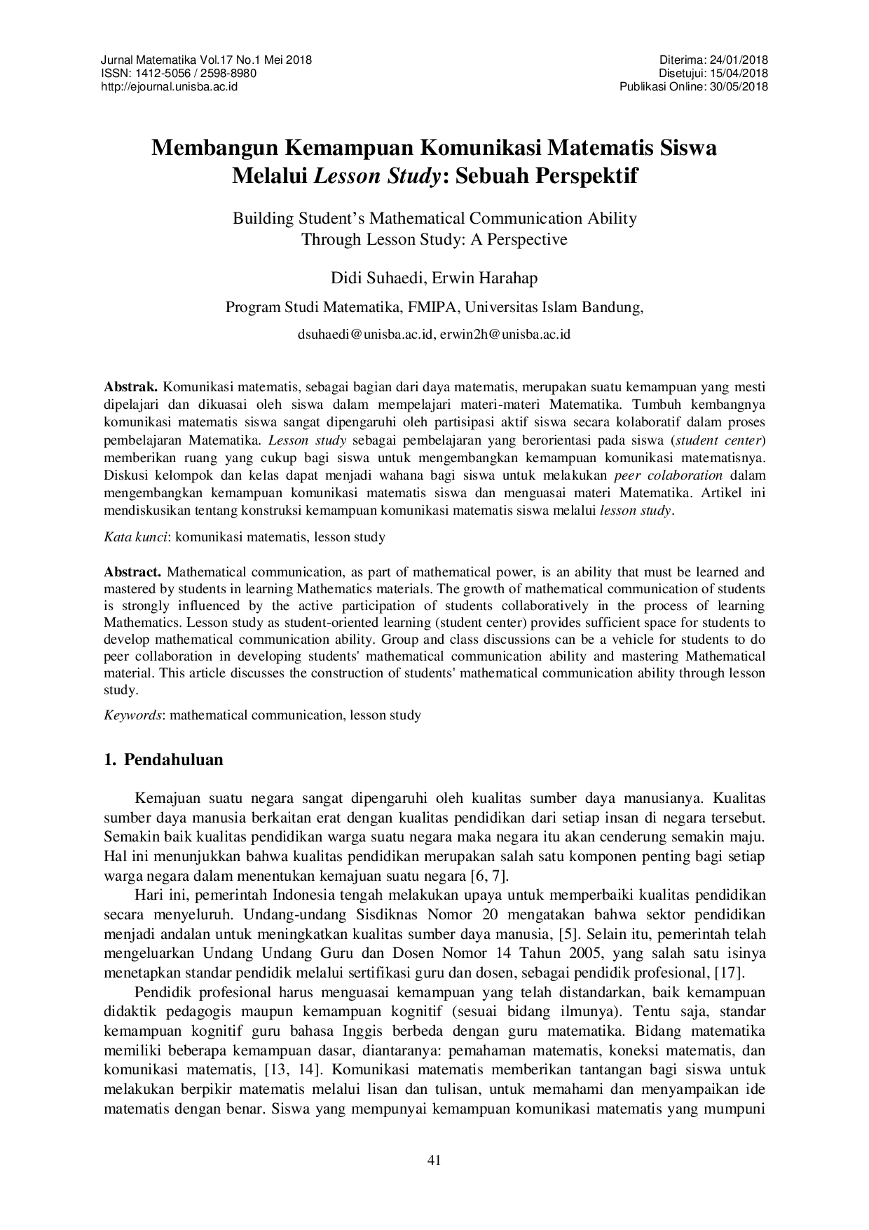 JURIS Membangun Kemampuan Komunikasi Matematis Siswa Melalui Lesson Study Sebuah Perspektif