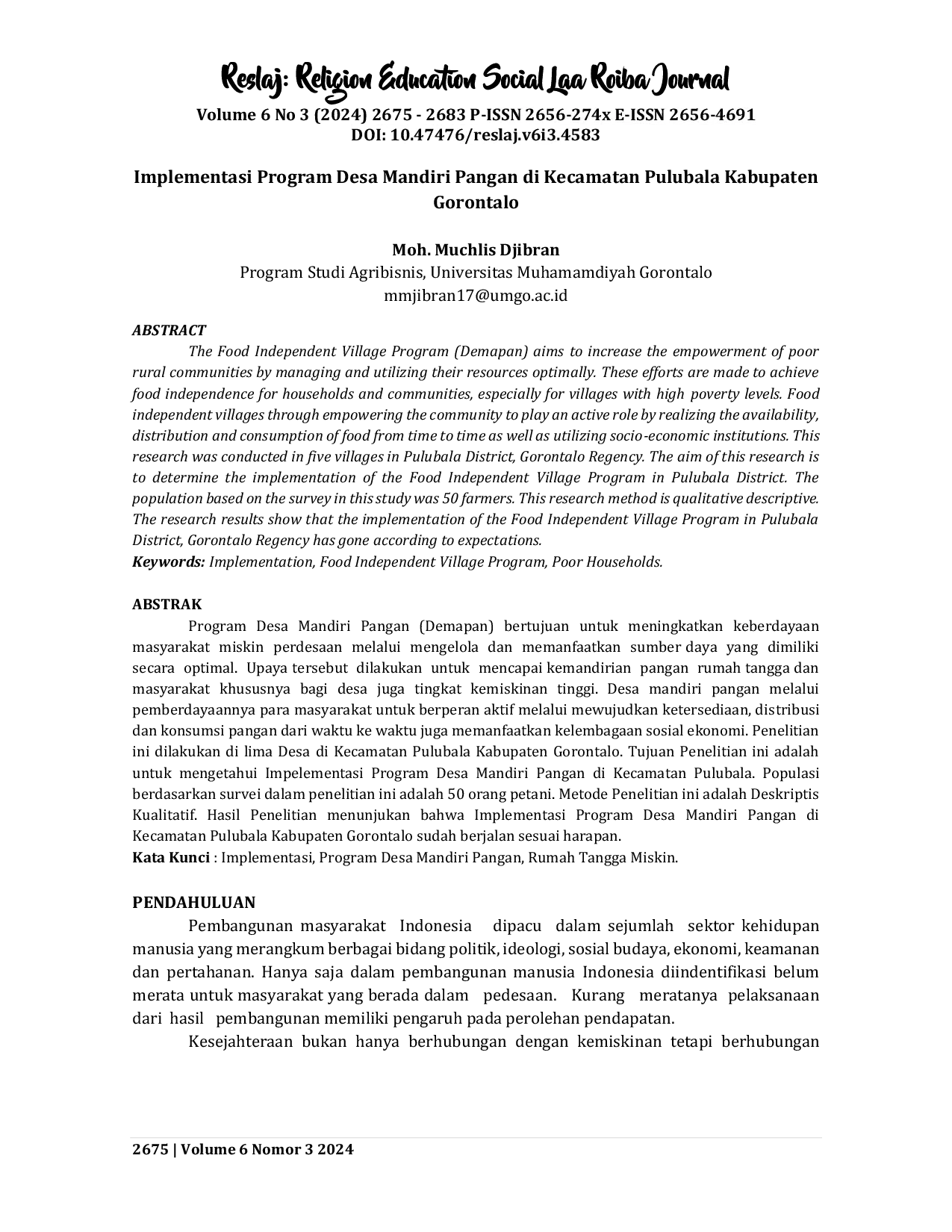 JURIS Implementasi Program Desa Mandiri Pangan di Kecamatan Pulubala Kabupaten Gorontalo