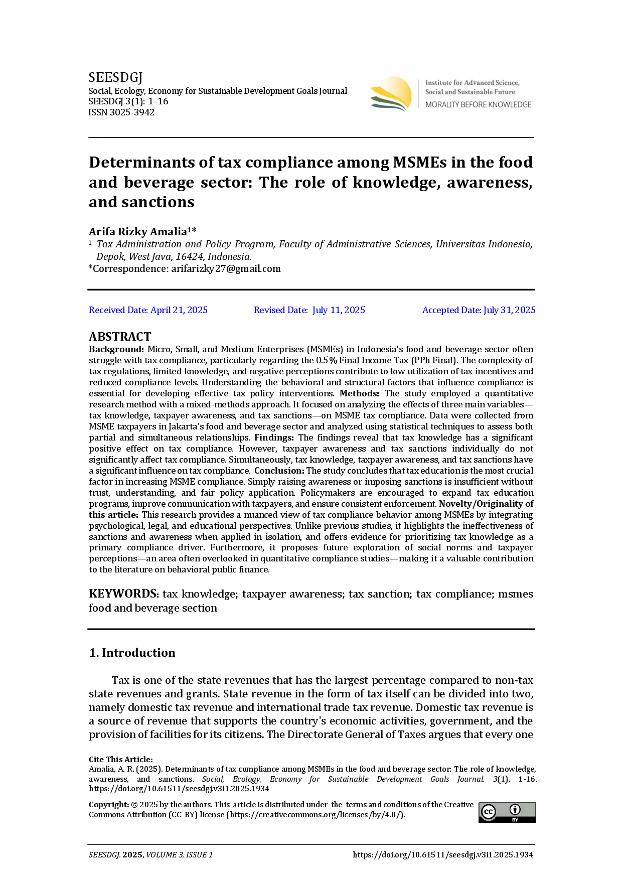 juris Determinants of tax compliance among MSMEs in the food and beverage sector The role of knowledge awareness and sanctions
