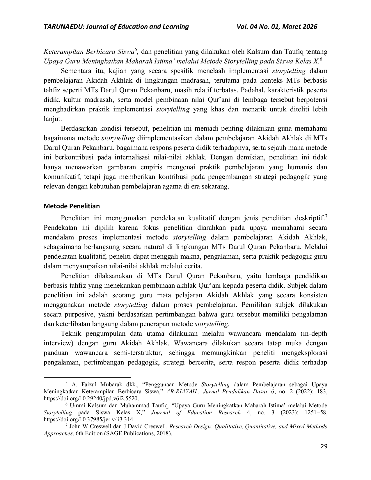 JURIS Implementasi Metode Storytelling dalam Pembelajaran Akidah Akhlak di MTs Darul Quran Pekanbaru