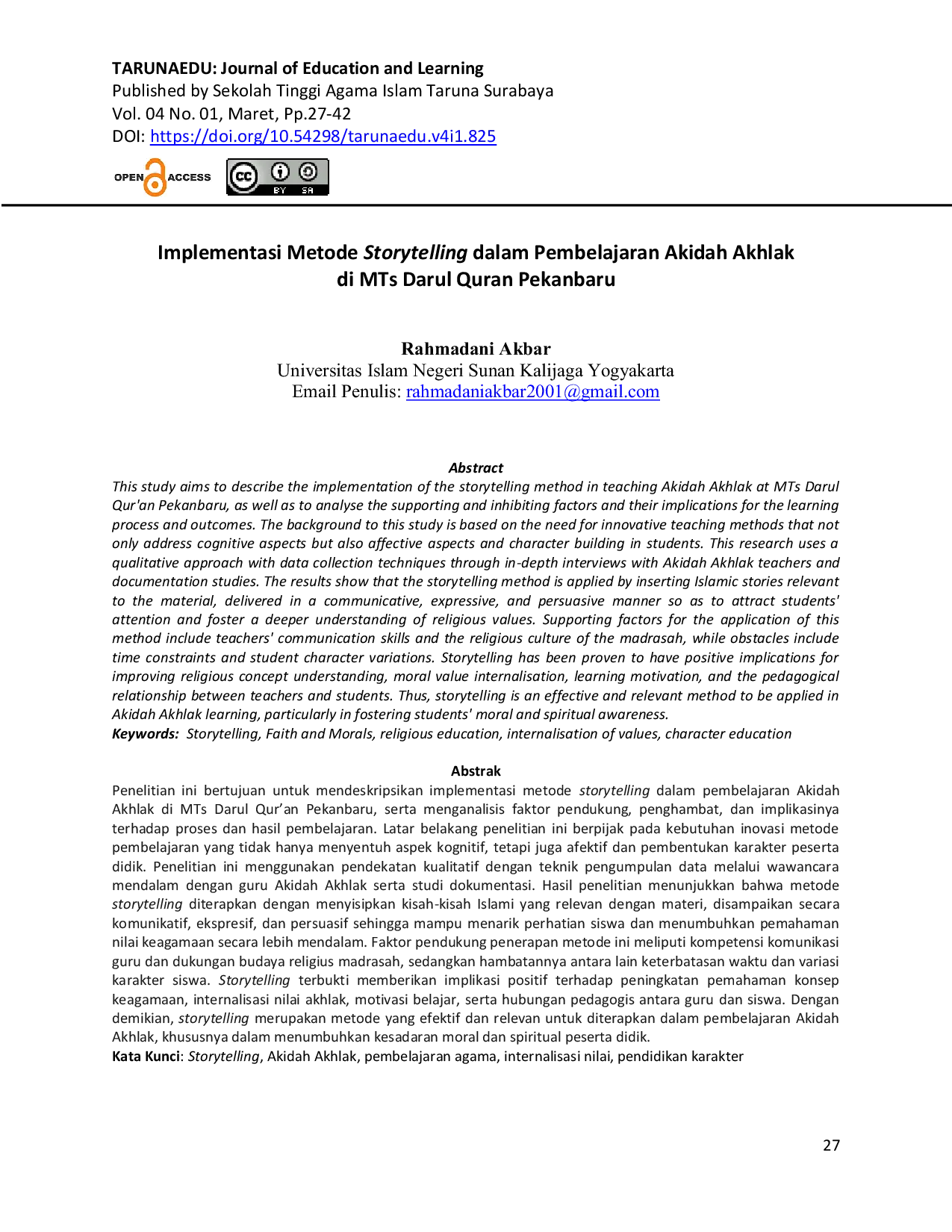 JURIS Implementasi Metode Storytelling dalam Pembelajaran Akidah Akhlak di MTs Darul Quran Pekanbaru