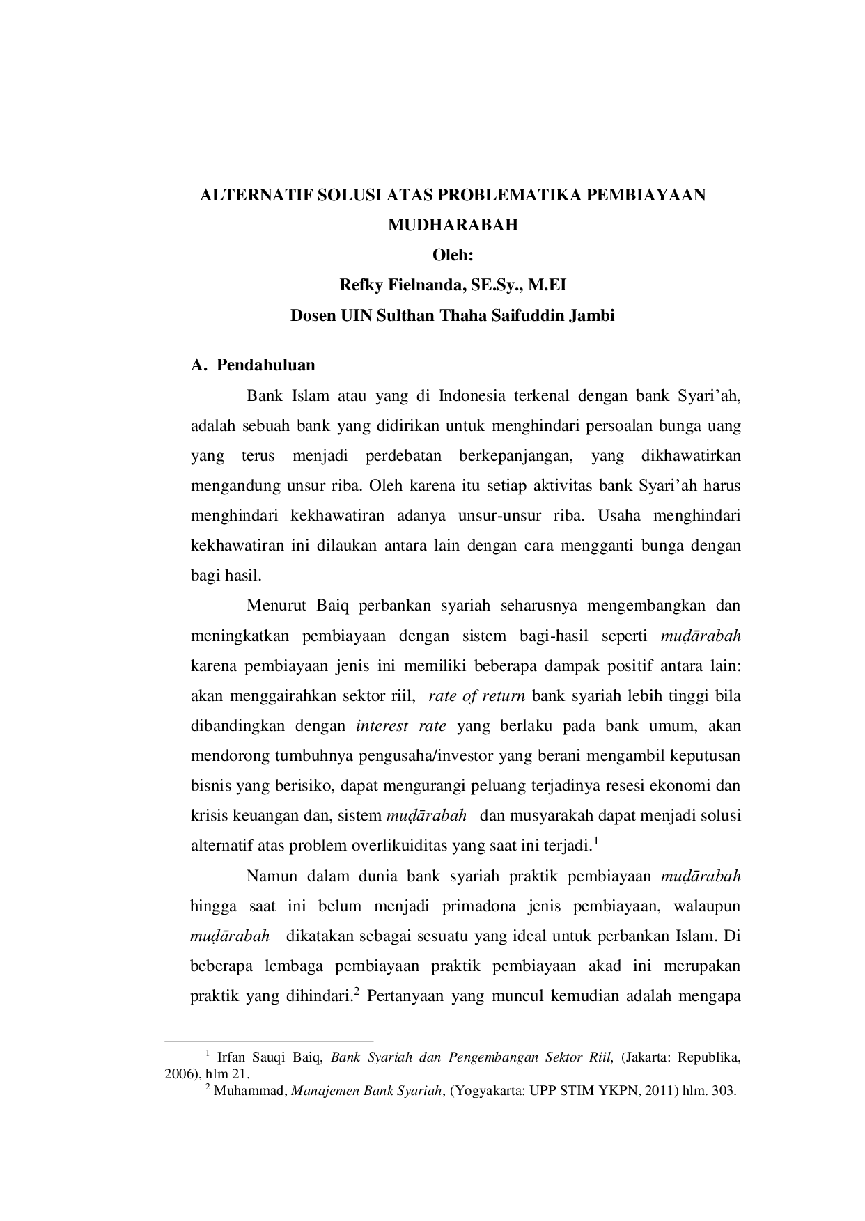 JURIS Alternatif Solusi Atas Problematika Pembiayaan Mudharabah