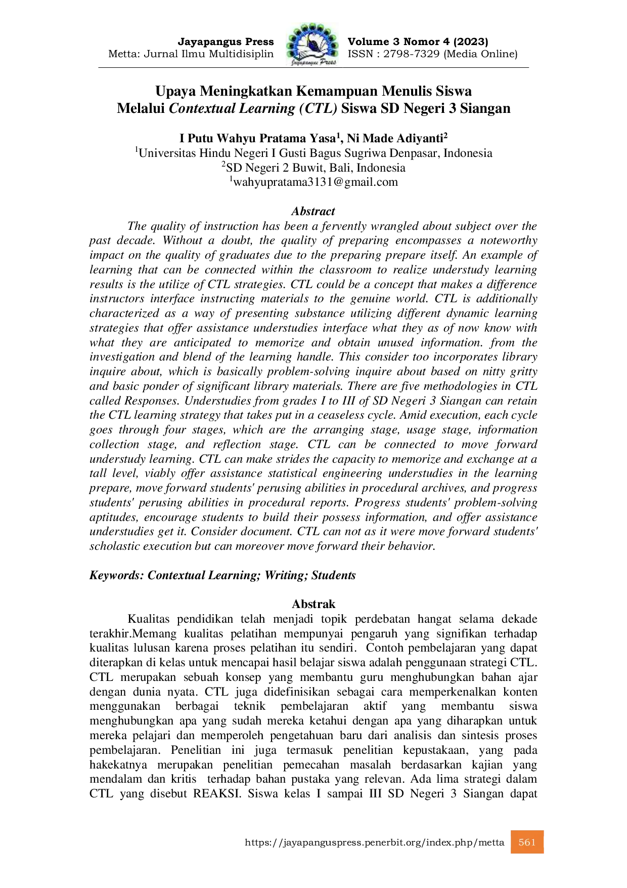 JURIS Upaya Meningkatkan Kemampuan Menulis Siswa Melalui Contextual Learning CTL Siswa SD Negeri 3 Siangan
