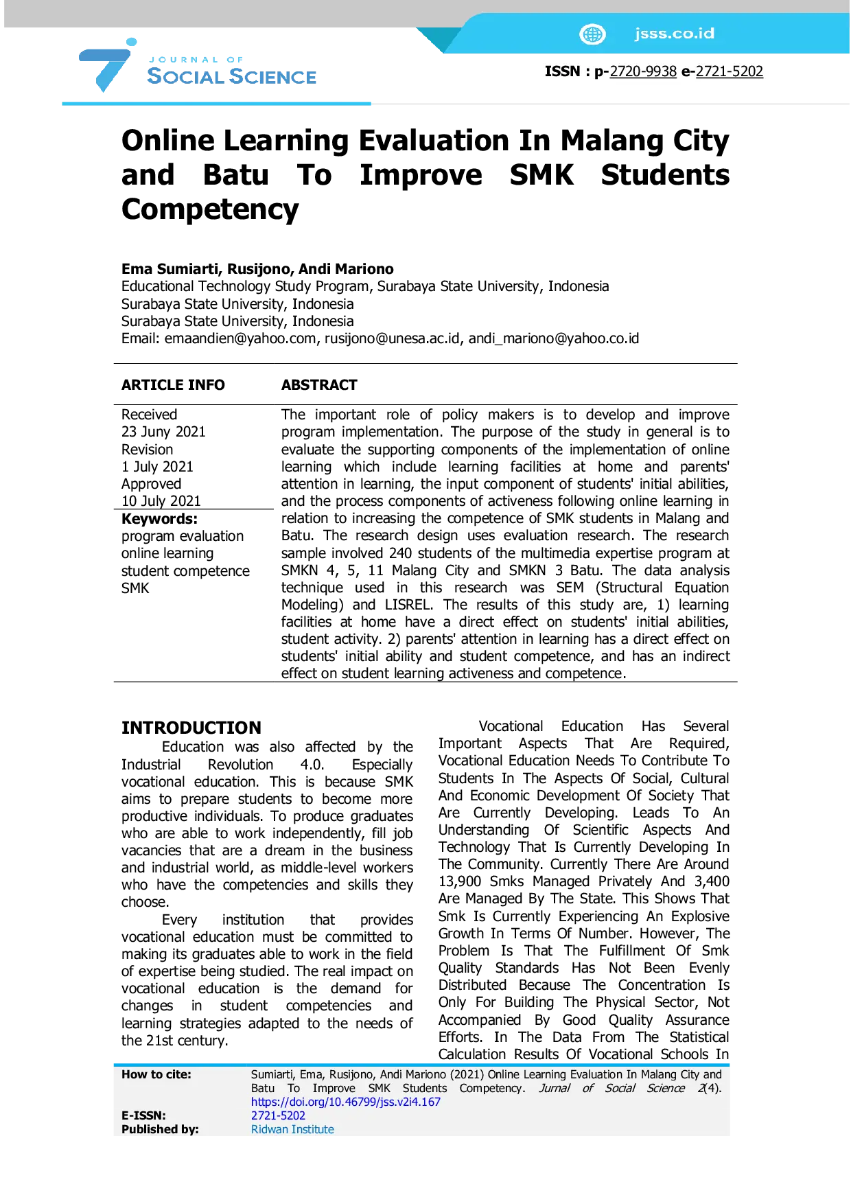 JURIS Online Learning Evaluation In Malang City and Batu To Improve SMK Students Competency