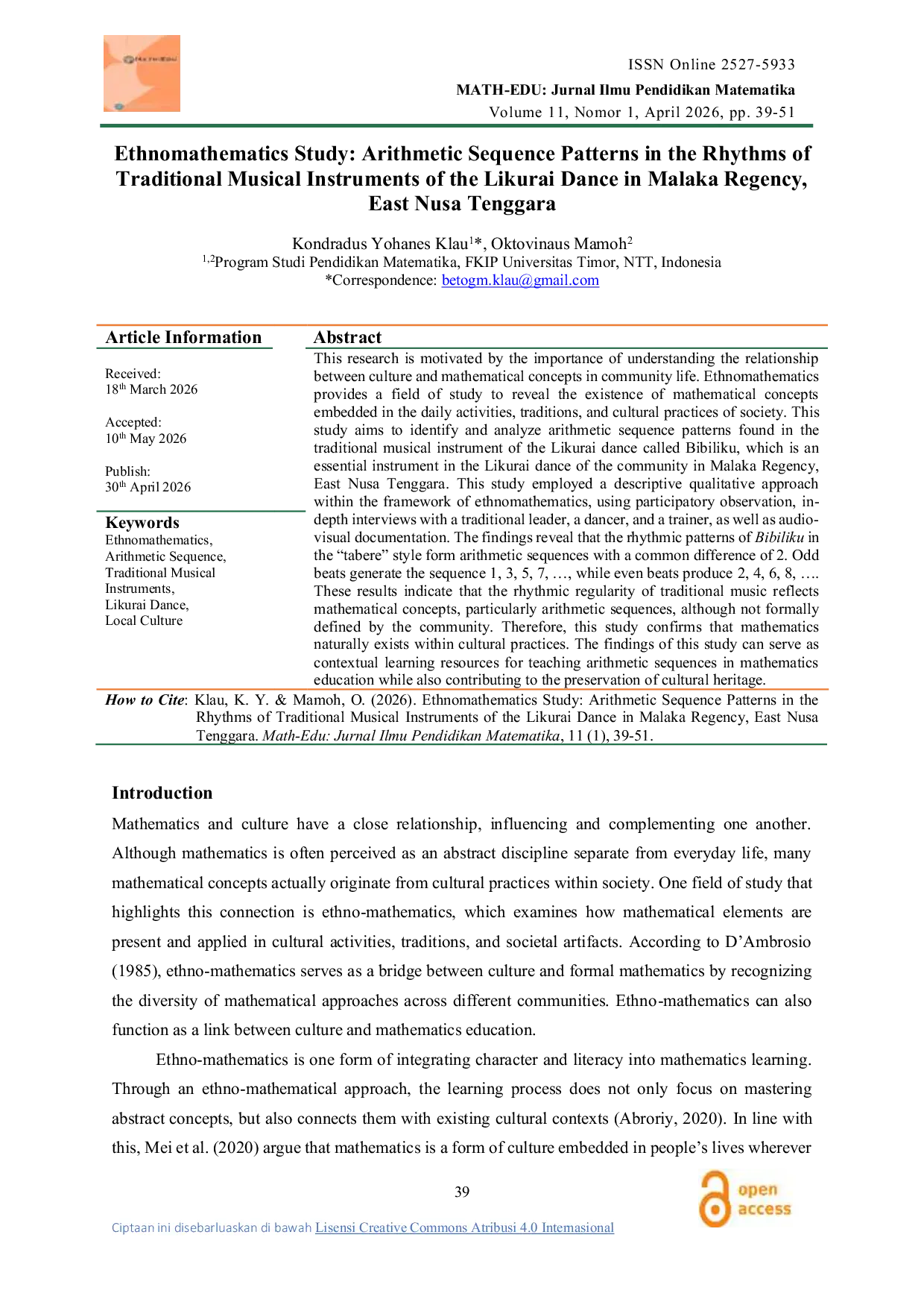 JURIS Ethnomathematics Study Arithmetic Sequence Patterns in the Rhythms of Traditional Musical Instruments of the Likurai Dance in Malaka Regency East Nusa Tenggara