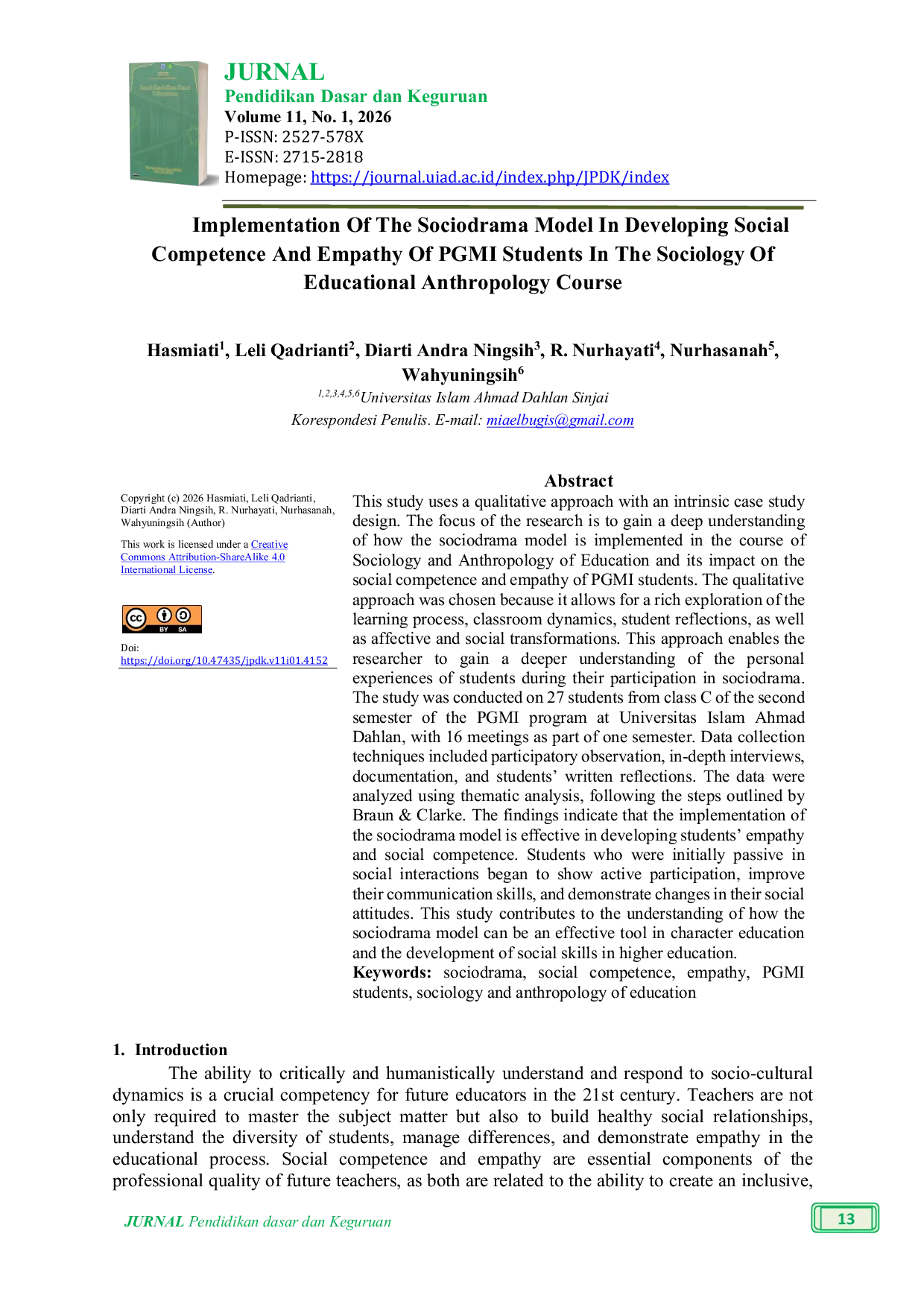 JURIS Implementation of the Sociodrama Model in Developing Social Competence and Empathy of PGMI Students in the Sociology and Anthropology of Education Course