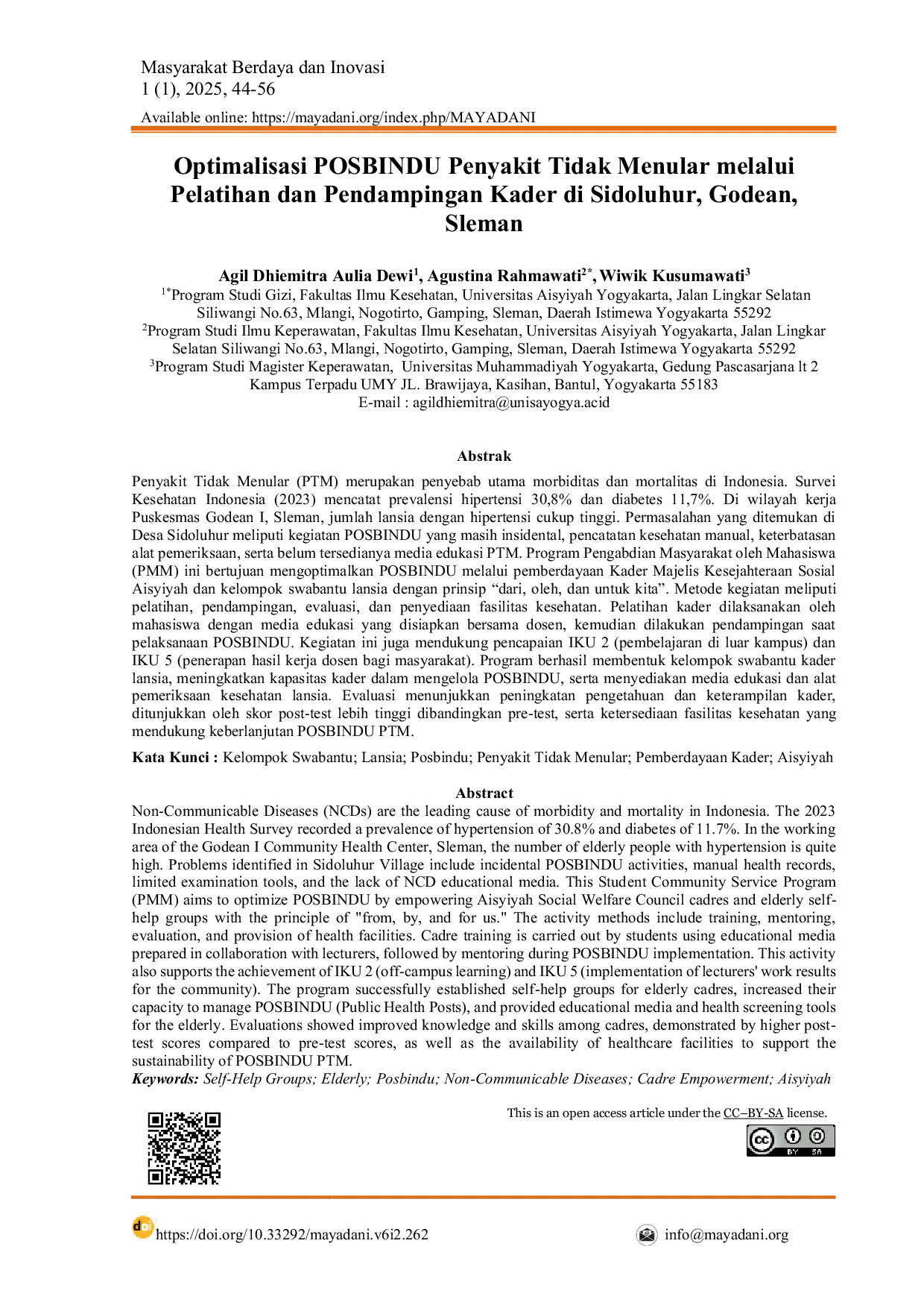 JURIS Optimalisasi POSBINDU Penyakit Tidak Menular melalui Pelatihan dan Pendampingan Kader di Sidoluhur Godean Sleman