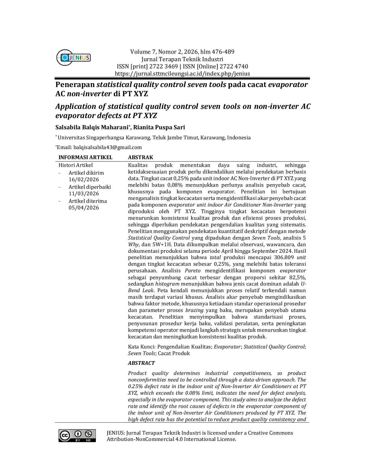 JURIS Penerapan statistical quality control seven tools pada cacat evaporator AC non inverter di PT XYZ