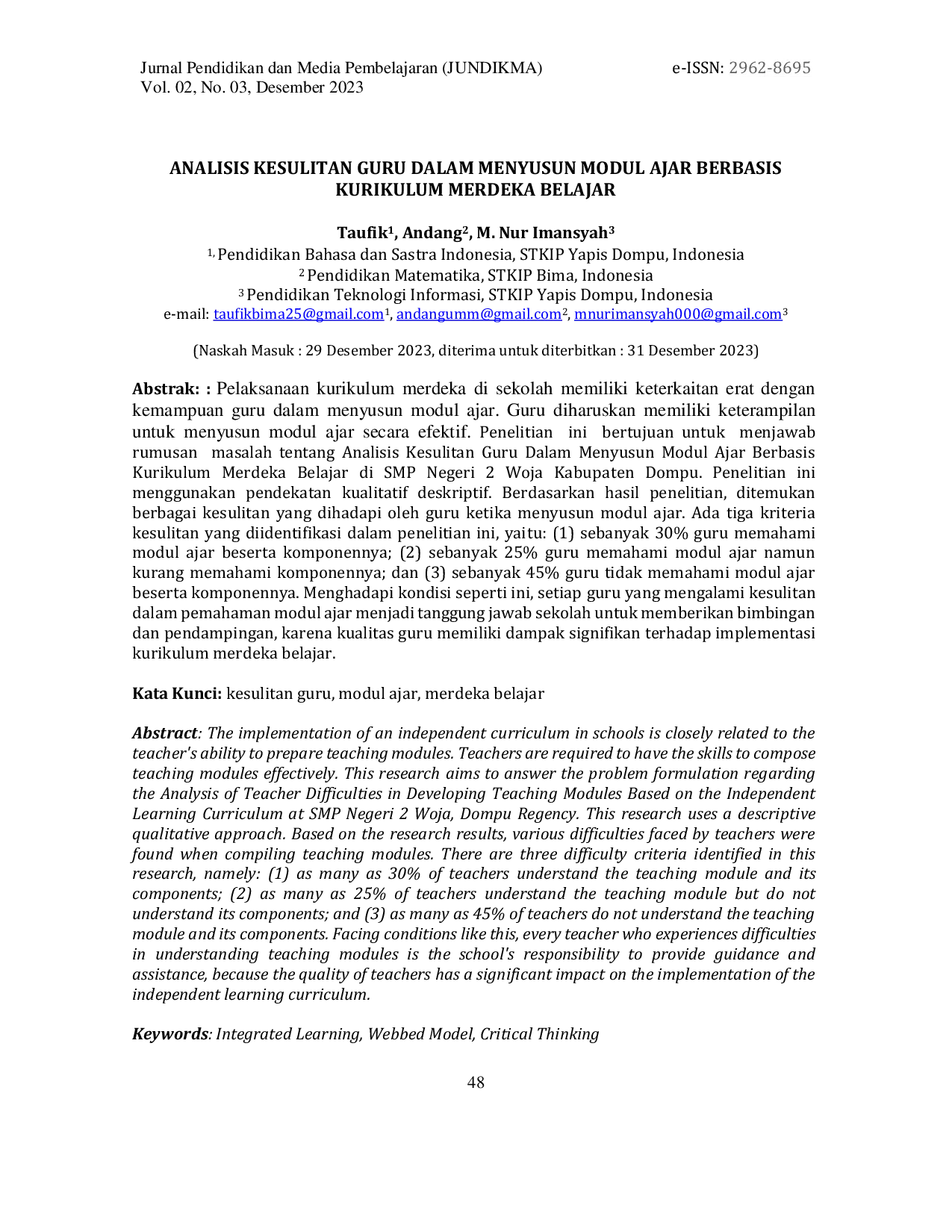 JURIS Analisis Kesulitan Guru dalam Menyusun Modul Ajar Berbasis Kurikulum Merdeka Belajar