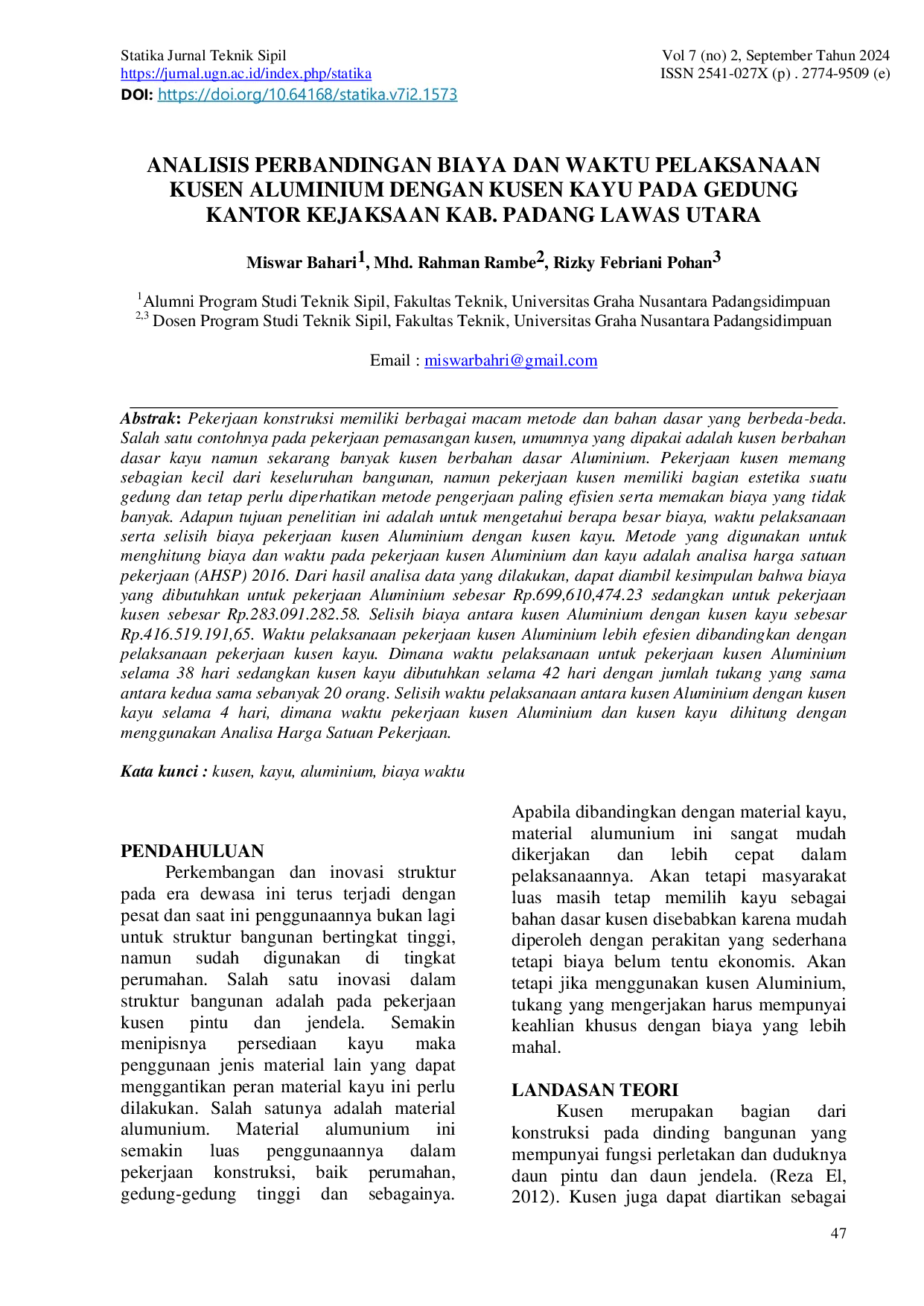 JURIS Analisis Perbandingan Biaya Dan Waktu Pelaksanaan Kusen Aluminium Dengan Kusen Kayu Pada Gedung Kantor Kejaksaan Kab Padang Lawas Utara