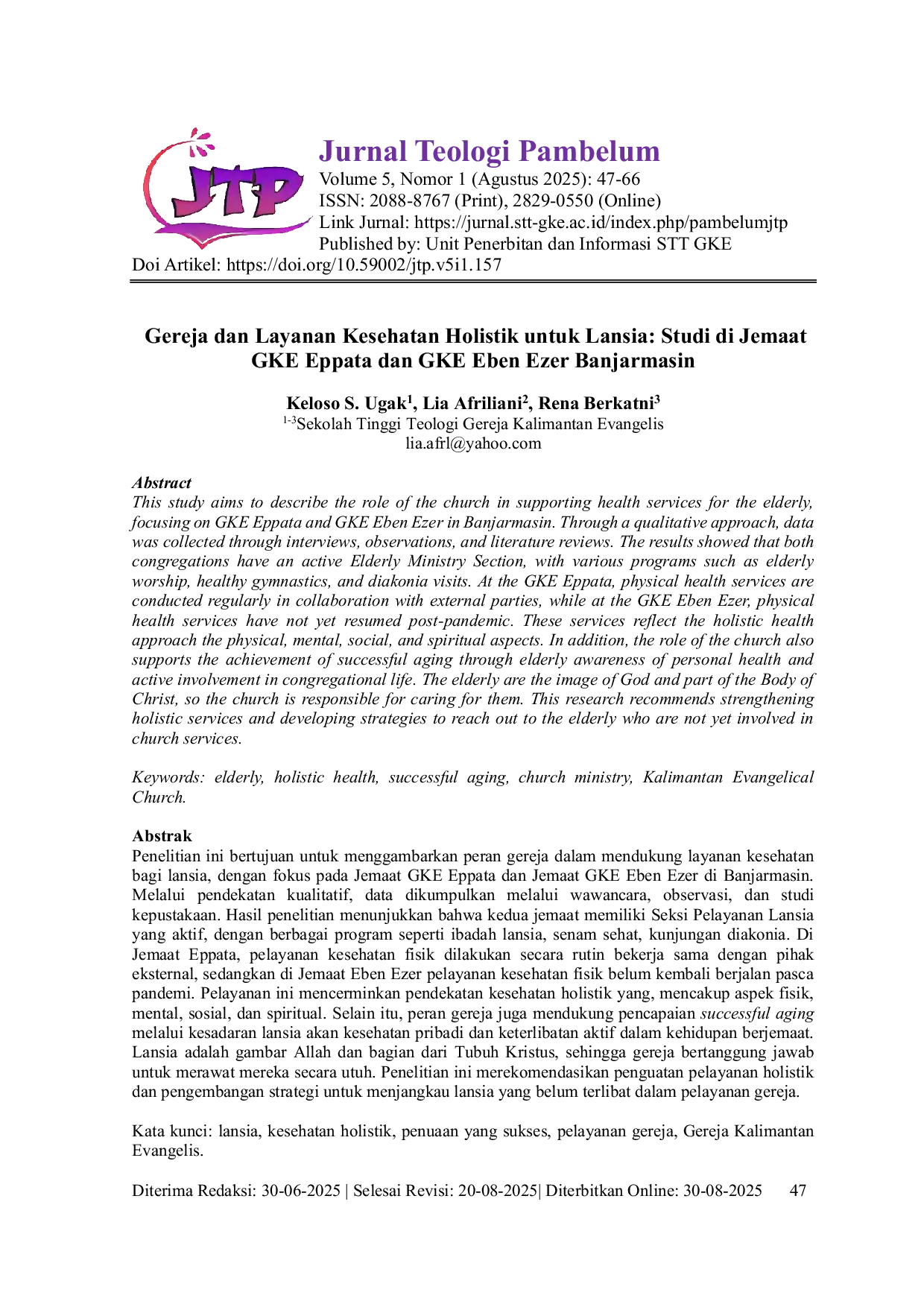JURIS Gereja dan Layanan Kesehatan Holistik untuk Lansia Studi di Jemaat GKE Eppata dan GKE Eben Ezer Banjarmasin