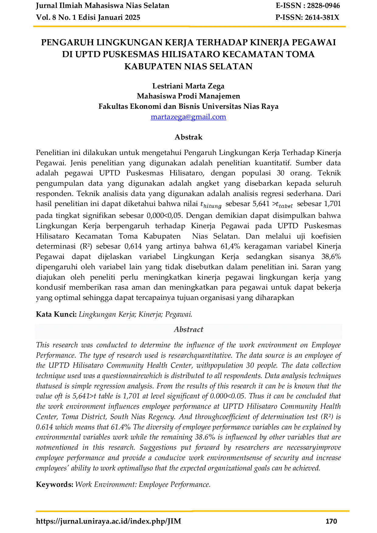 JURIS PENGARUH LINGKUNGAN KERJA TERHADAP KINERJA PEGAWAI DI UPTD PUSKESMAS HILISATARO KECAMATAN TOMA KABUPATEN NIAS SELATAN