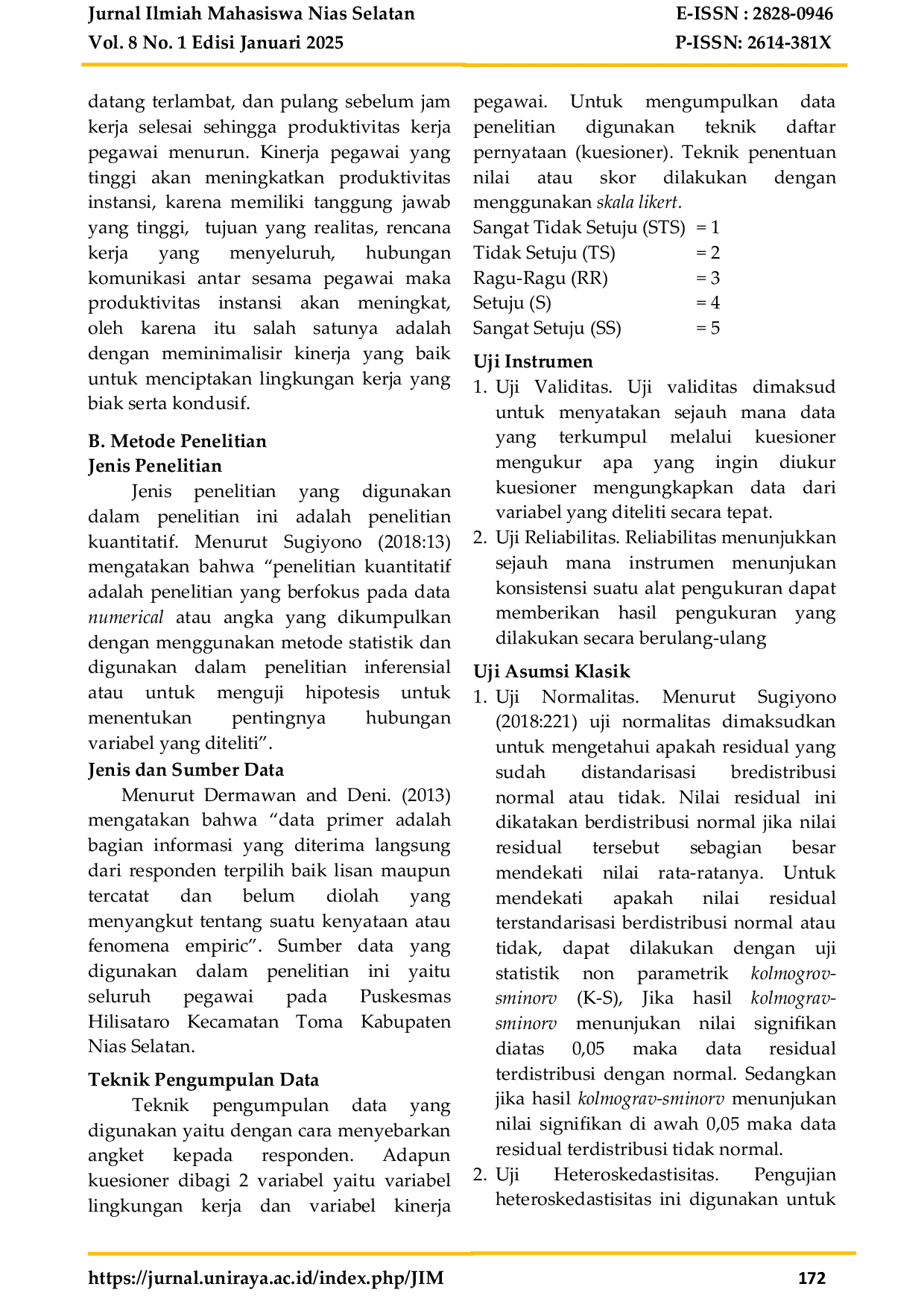 JURIS PENGARUH LINGKUNGAN KERJA TERHADAP KINERJA PEGAWAI DI UPTD PUSKESMAS HILISATARO KECAMATAN TOMA KABUPATEN NIAS SELATAN