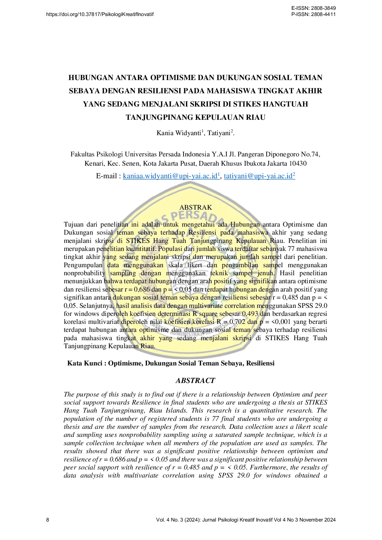 JURIS Hubungan Antara Optimisme Dan Dukungan Sosial Teman Sebaya Dengan Resiliensi Pada Mahasiswa Tingkat Akhir Yang Sedang Menjalani Skripsi Di STIKES Hangtuah Tanjungpinang Kepulauan Riau