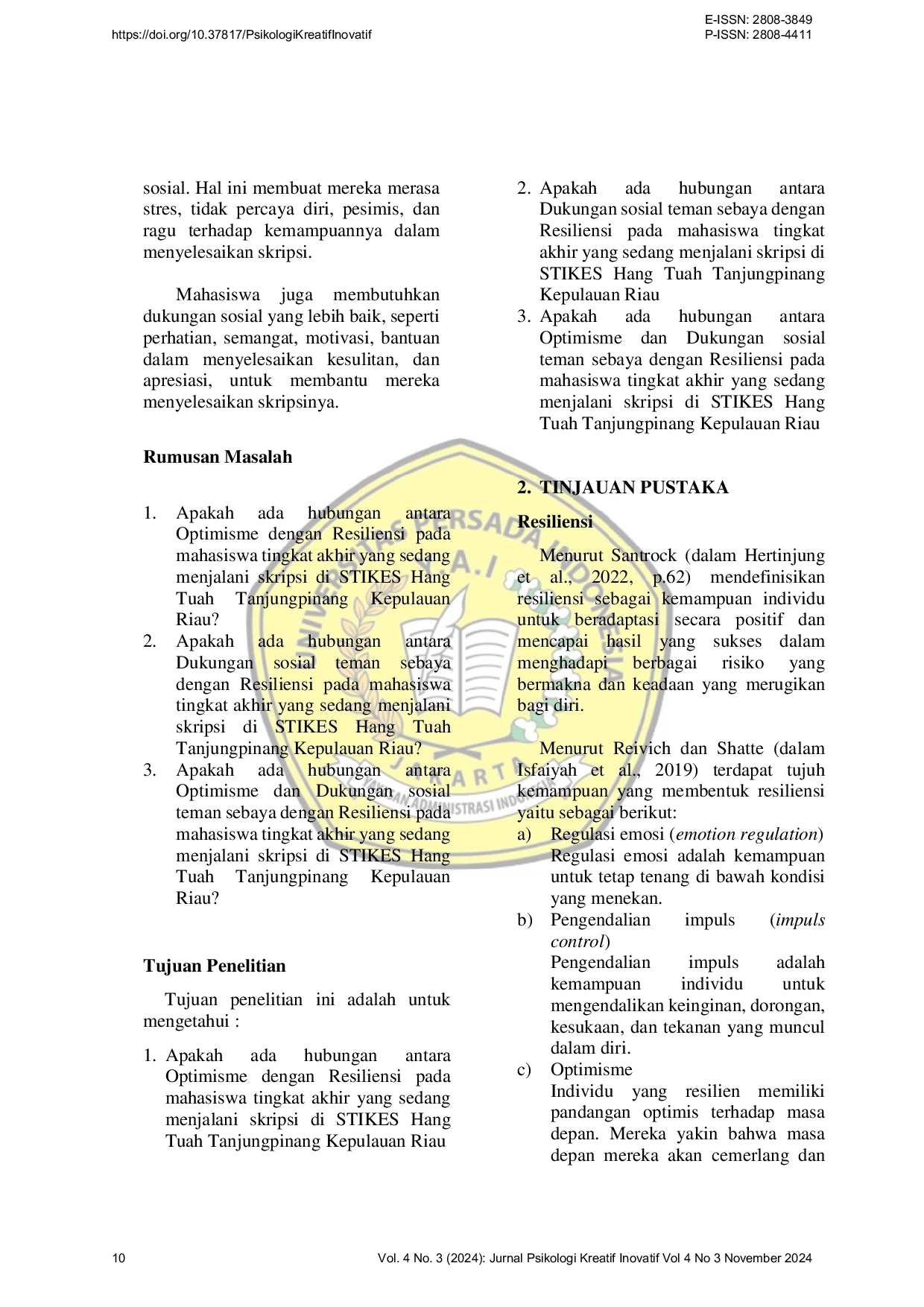 JURIS Hubungan Antara Optimisme Dan Dukungan Sosial Teman Sebaya Dengan Resiliensi Pada Mahasiswa Tingkat Akhir Yang Sedang Menjalani Skripsi Di STIKES Hangtuah Tanjungpinang Kepulauan Riau