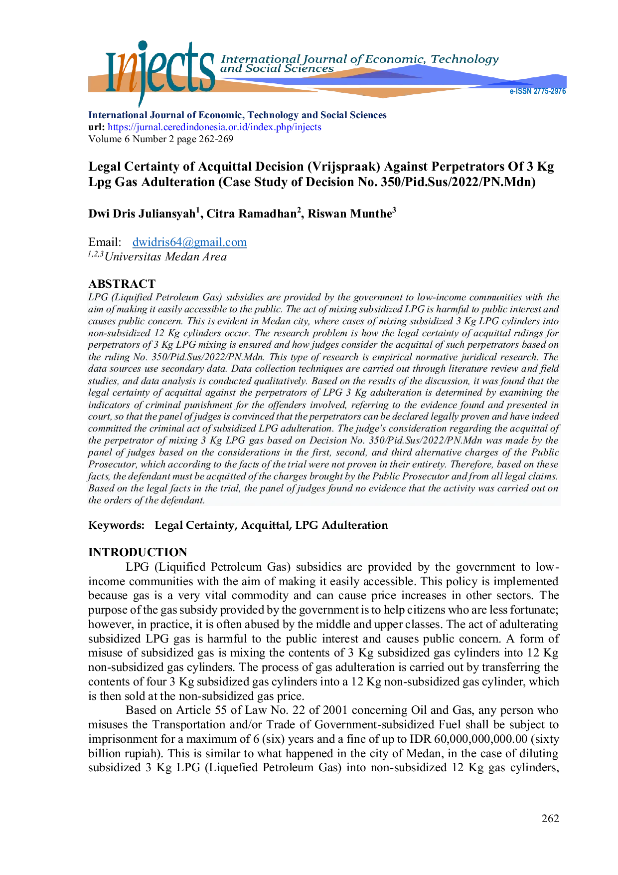 JURIS Legal Certainty of Acquittal Decision Vrijspraak Against Perpetrators Of 3 Kg Lpg Gas Adulteration Case Study of Decision No 350 Pid Sus 2022 PN Mdn
