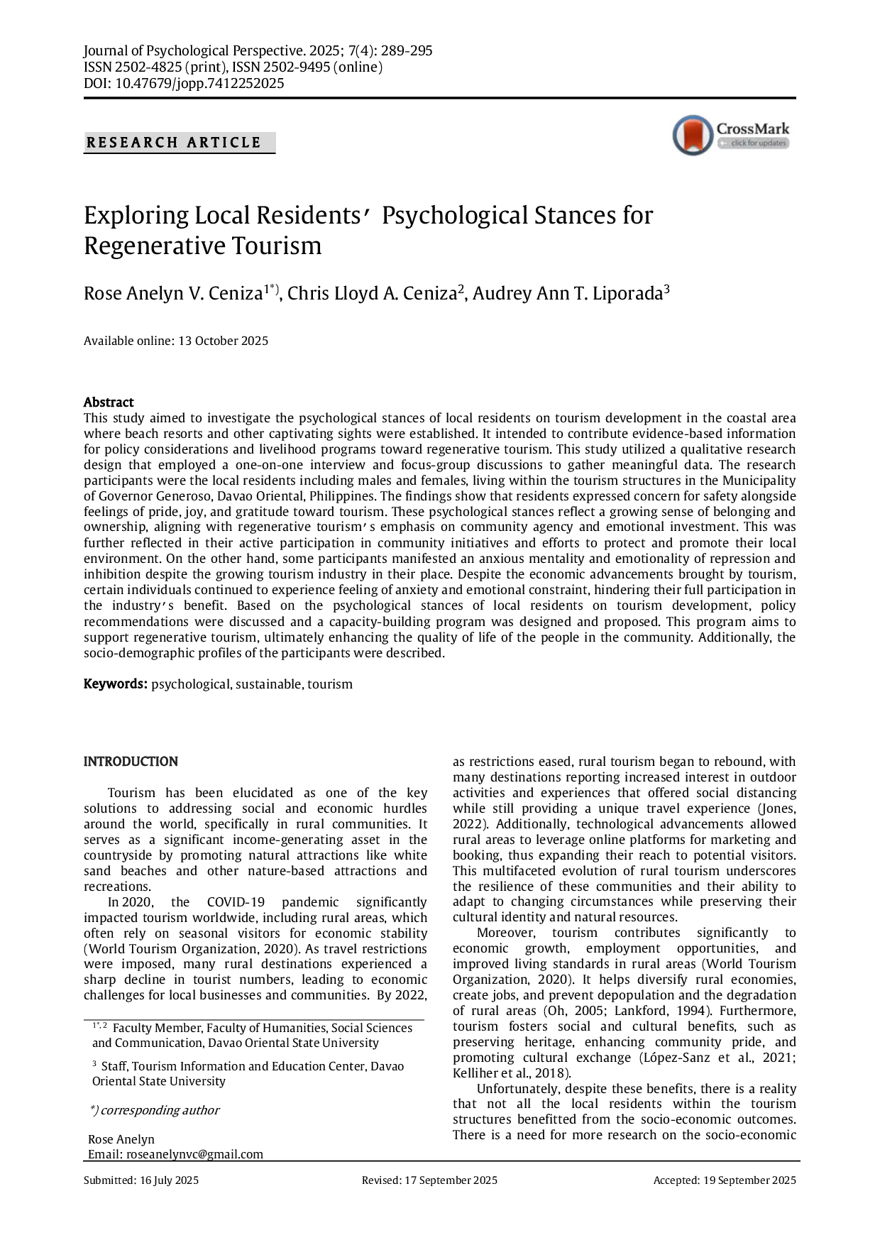 JURIS Exploring Local Residents Psychological Stances for Regenerative Tourism