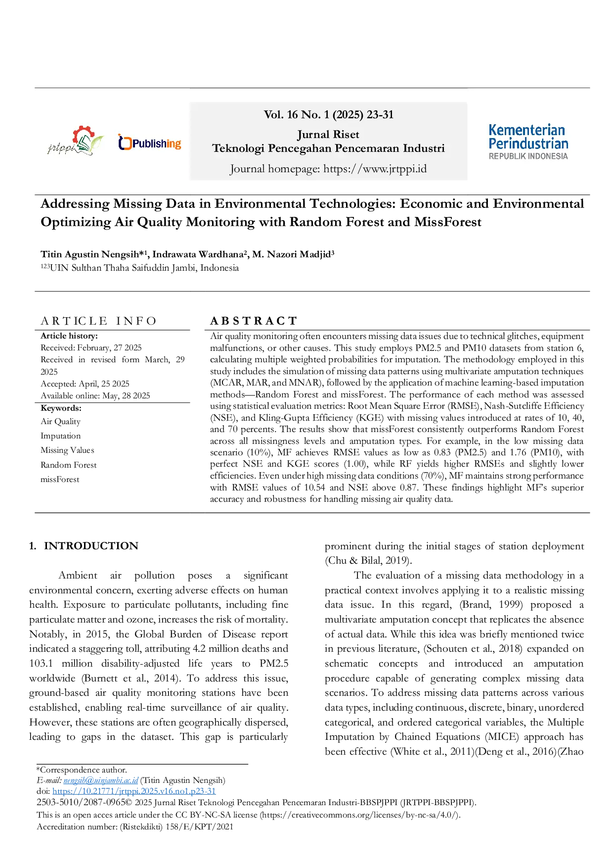 JURIS Addressing Missing Data in Environmental Technologies Economic and Environmental Optimizing Air Quality Monitoring with Random Forest and MissForest