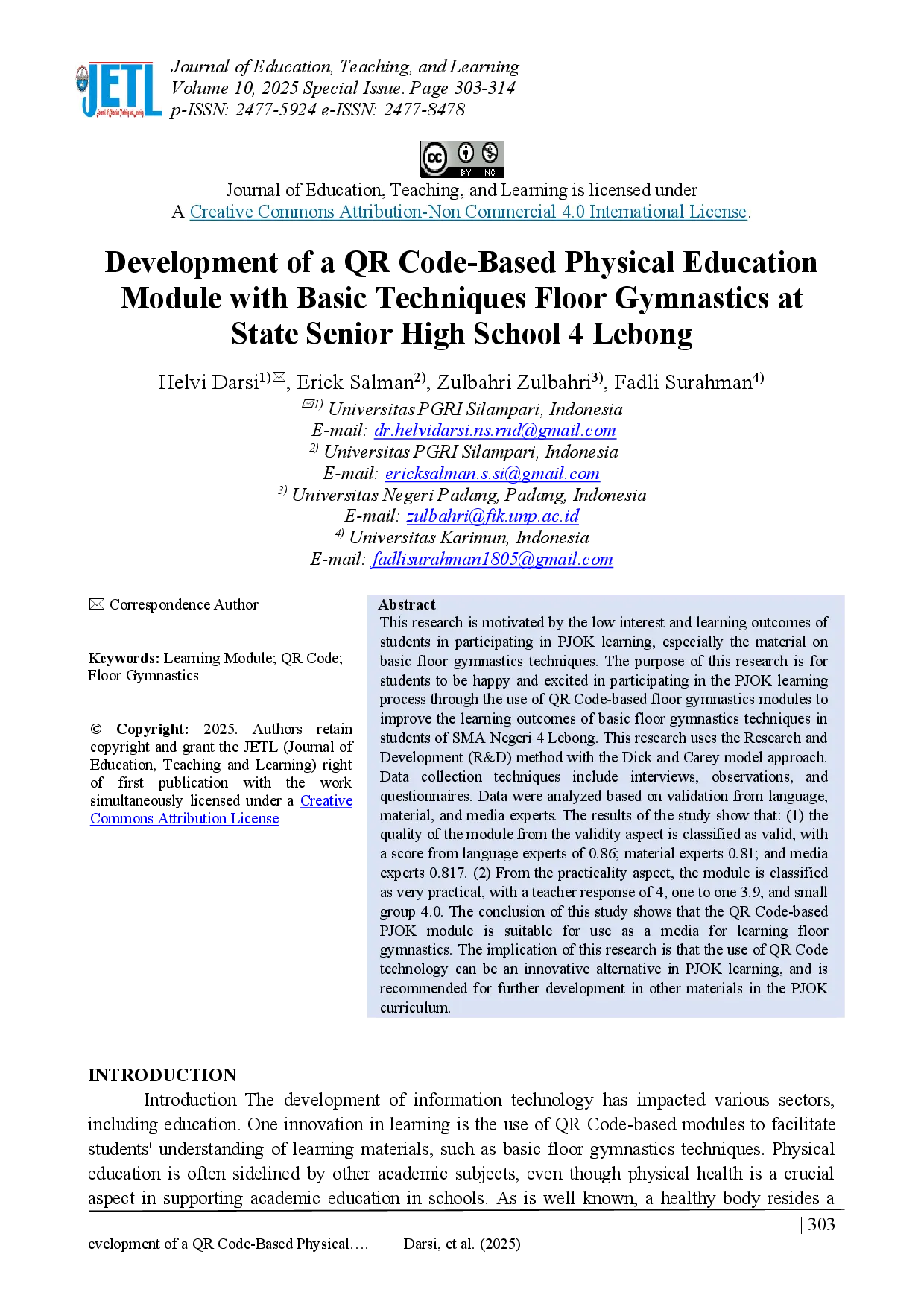 juris Development of a QR Code Based Physical Education Module with Basic Techniques Floor Gymnastics at State Senior High School 4 Lebong