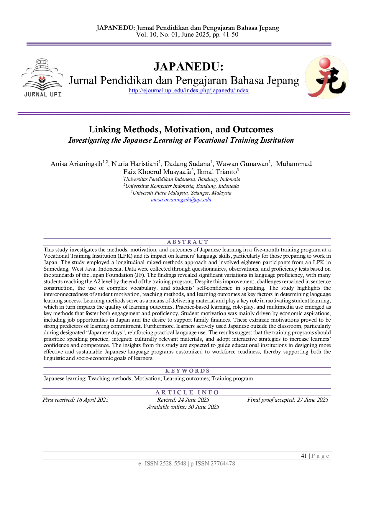 JURIS Linking Methods Motivation and Outcomes Investigating the Japanese Learning at Vocational Training Institution