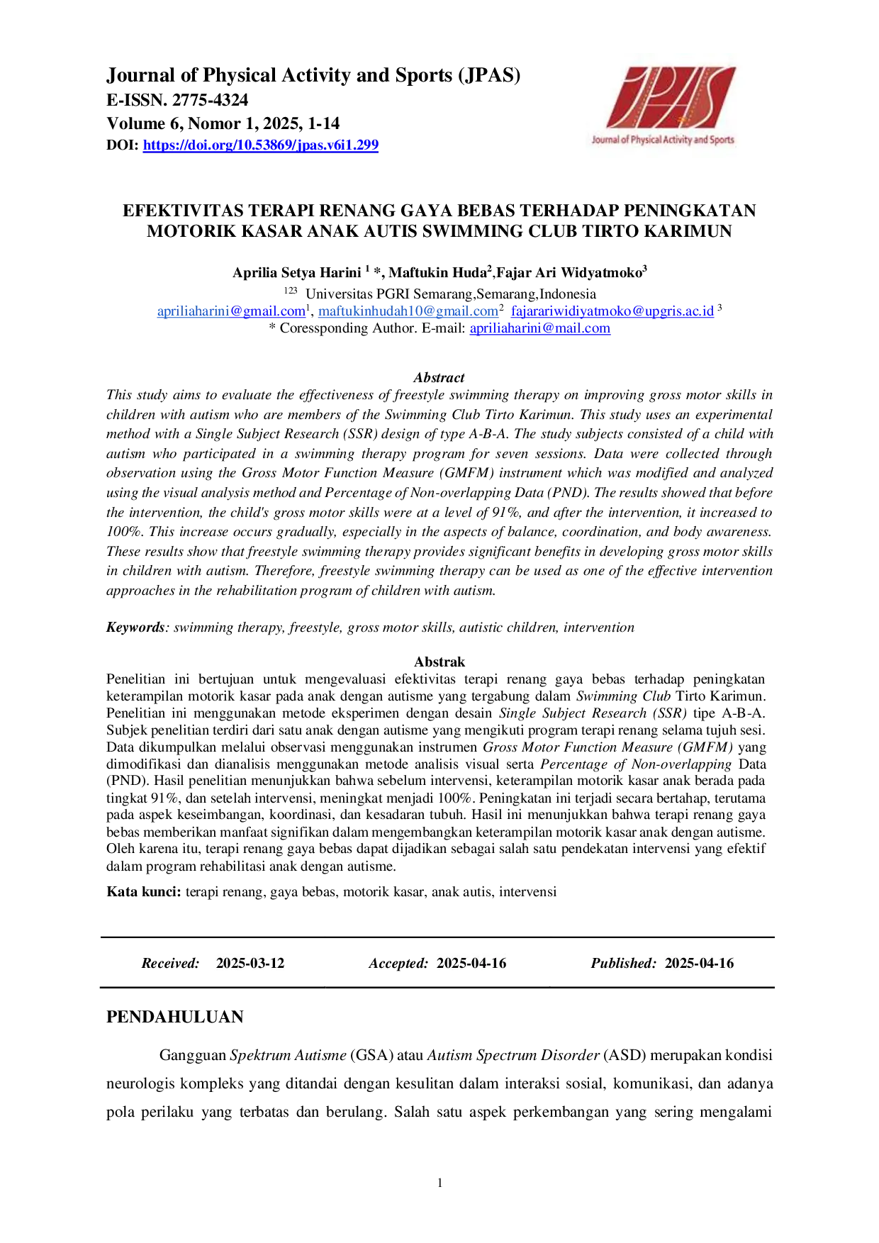 JURIS Efektivitas Terapi Renang Gaya Bebas Terhadap Peningkatan Motorik Kasar Anak Autis Swimming Club Tirto Karimun