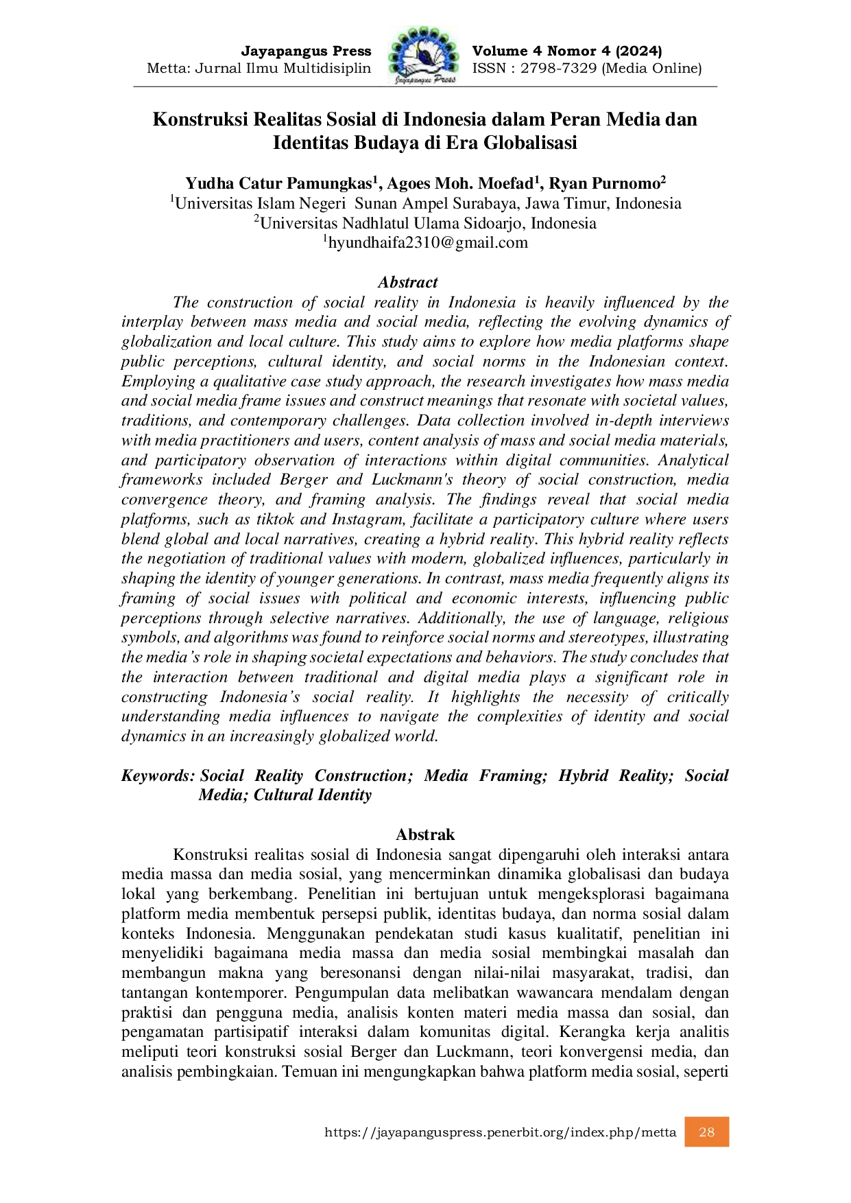 JURIS Konstruksi Realitas Sosial di Indonesia dalam Peran Media dan Identitas Budaya di Era Globalisasi