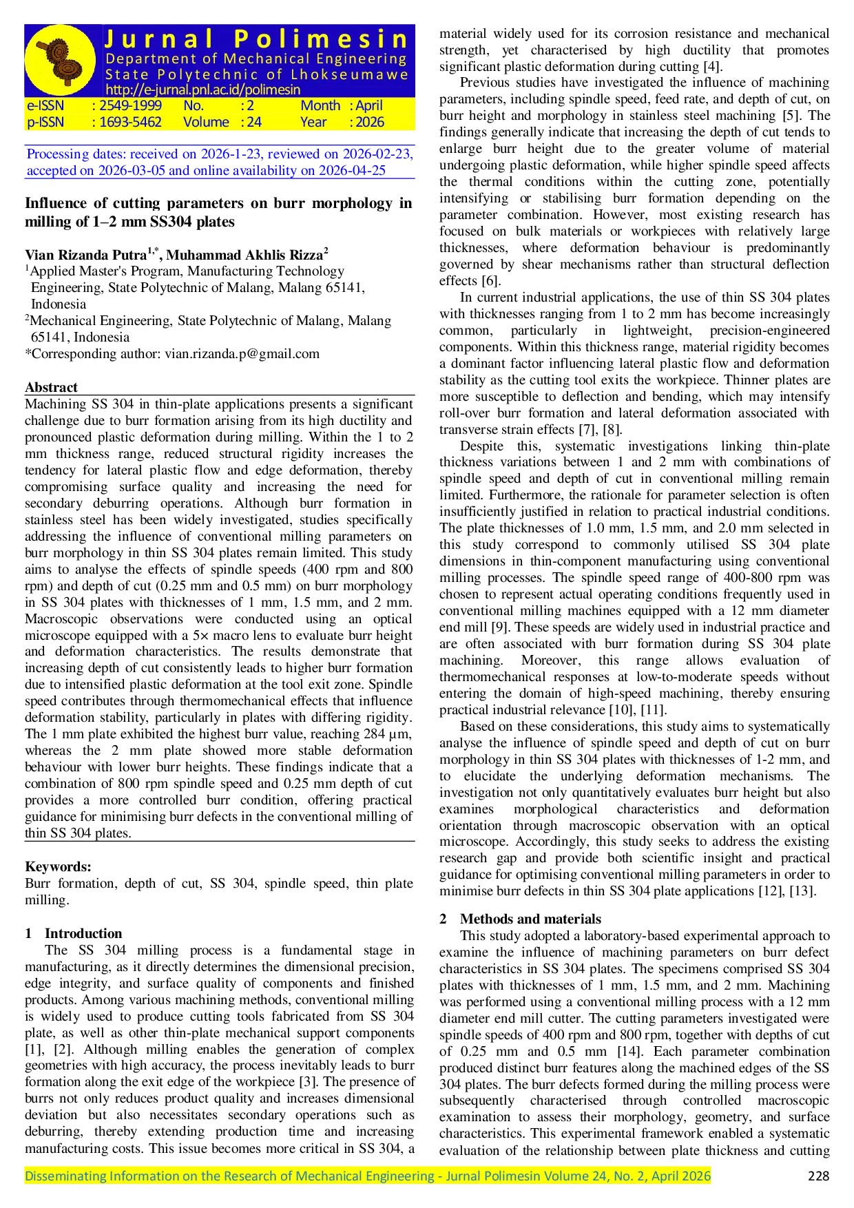 JURIS Influence of cutting parameters on burr morphology in milling of 1 2 mm SS304 plates