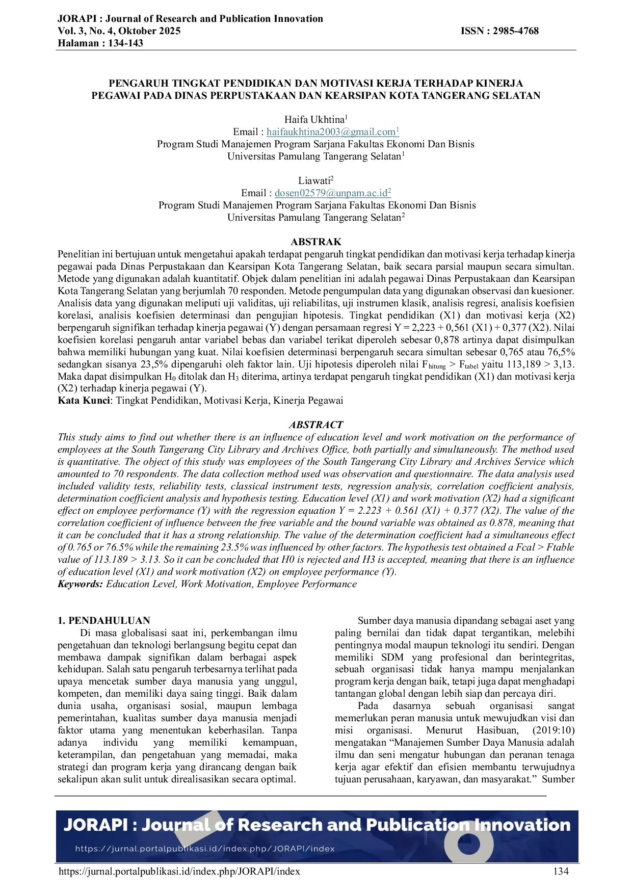 JURIS Pengaruh Tingkat Pendidikan Dan Motivasi Kerja Terhadap Kinerja Pegawai Pada Dinas Perpustakaan Dan Kearsipan Kota Tangerang Selatan