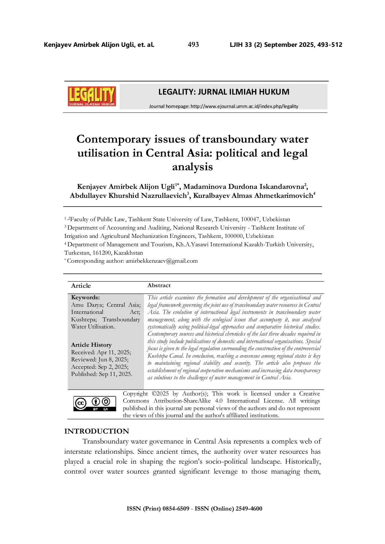 JURIS Contemporary issues of transboundary water utilisation in Central Asia political and legal analysis