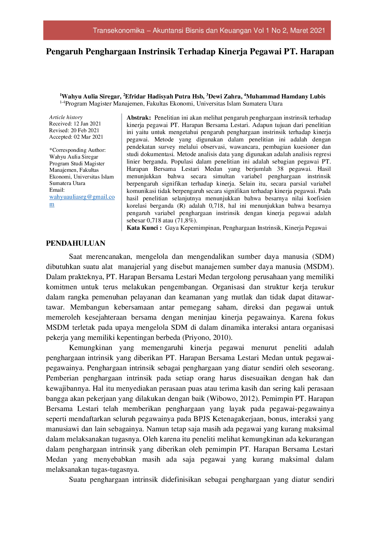 JURIS Pengaruh Penghargaan Instrinsik Terhadap Kinerja Pegawai PT Harapan