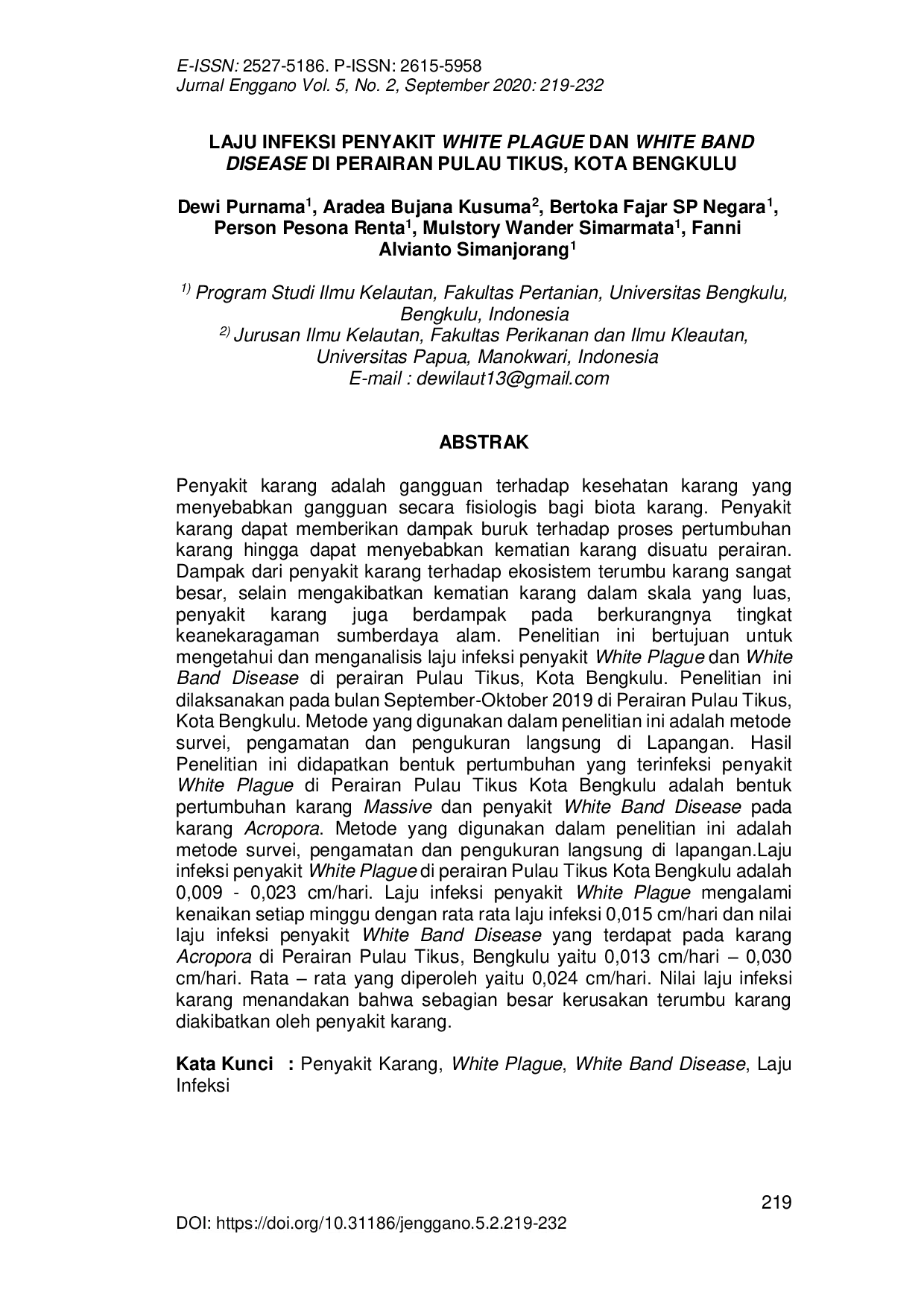 JURIS Laju Infeksi Penyakit White Plague Dan White Band Disease Di Perairan Pulau Tikus Kota Bengkulu