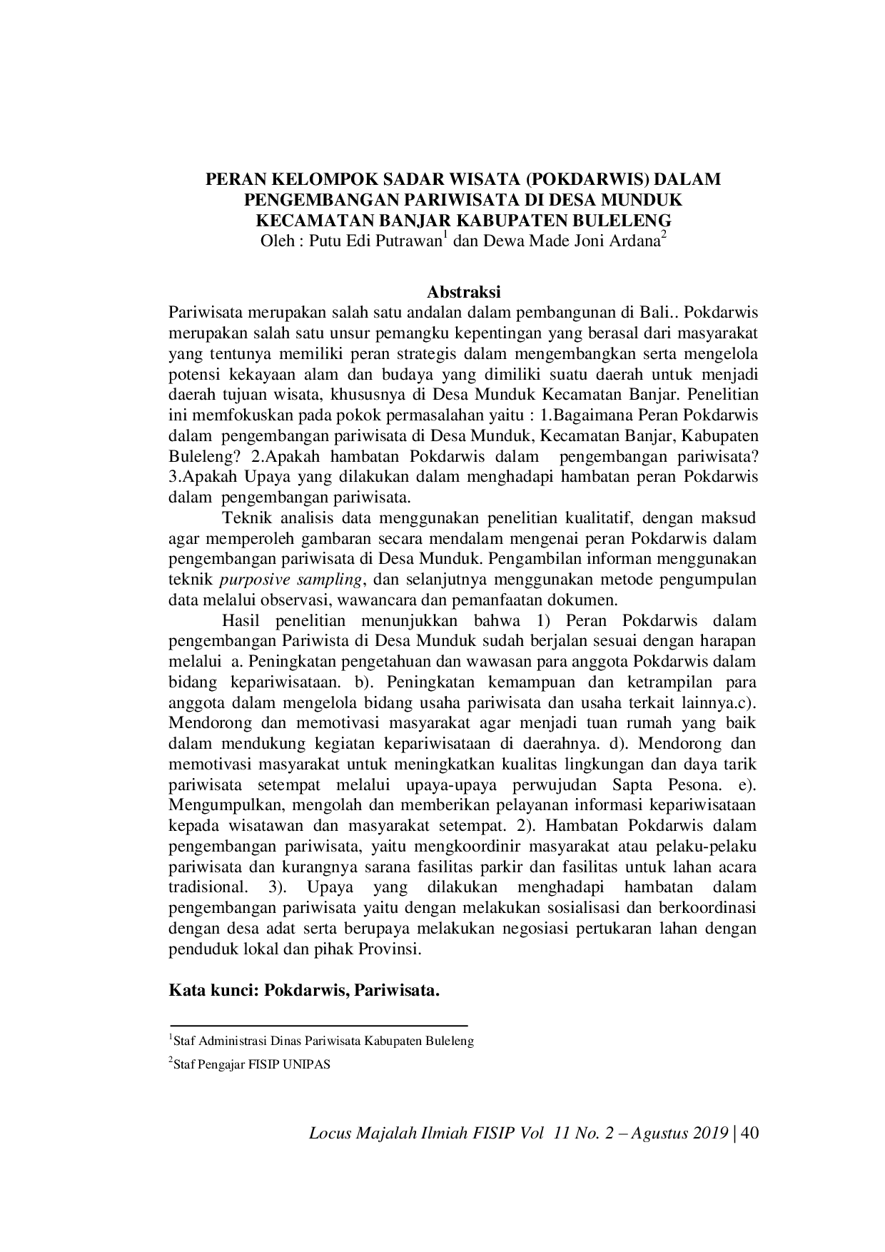 JURIS Peran Kelompok Sadar Wisata Pokdarwis Dalam Pengembangan Pariwisata Di Desa Munduk Kecamatan Banjar Kabupaten Buleleng