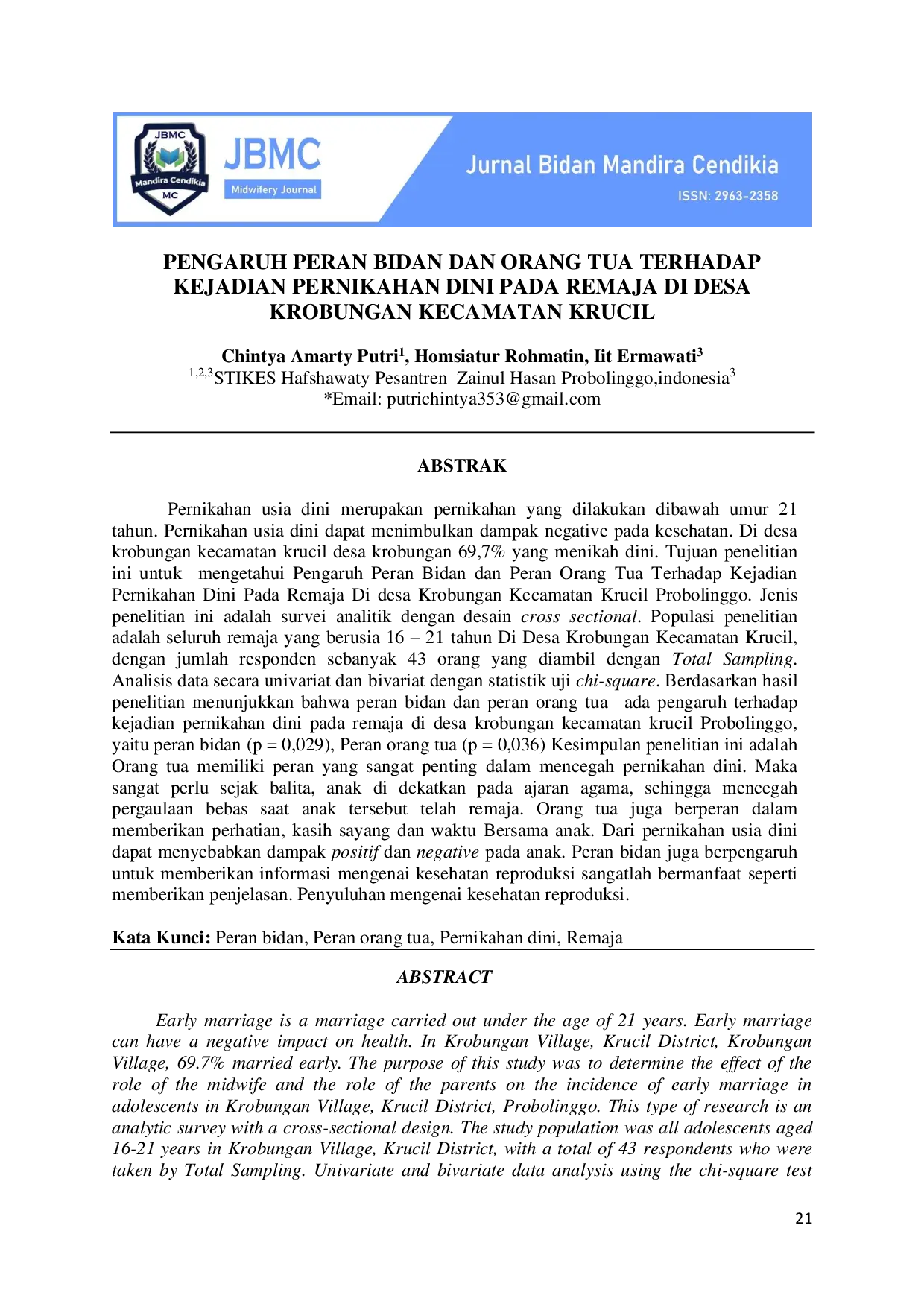 JURIS Pengaruh Peran Bidan Dan Orang Tua Terhadap Kejadian Pernikahan Dini Pada Remaja Di Desa Krobungan Kecamatan Krucil