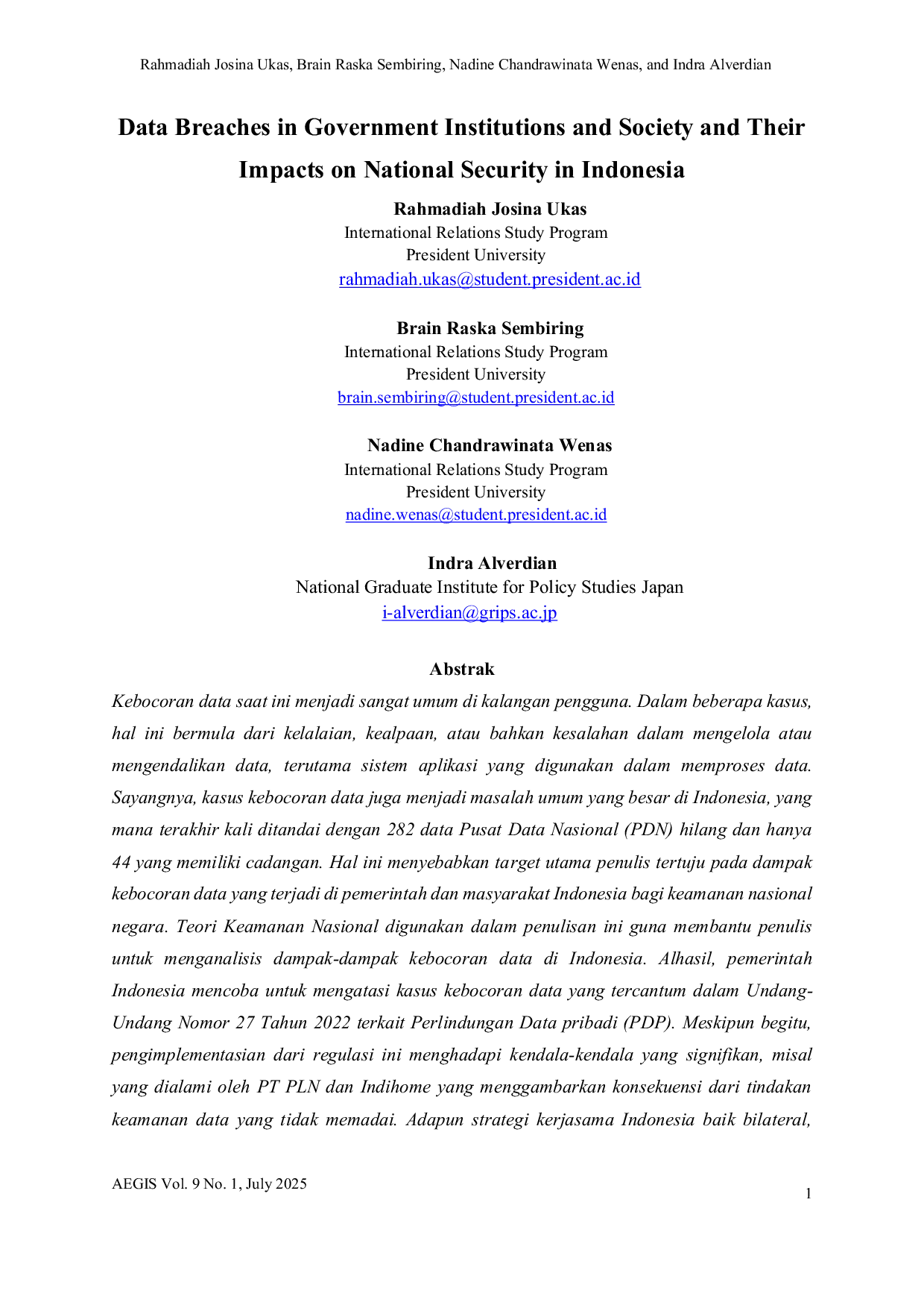 JURIS Data Breaches in Government Institutions and Society and Their Impacts on National Security in Indonesia